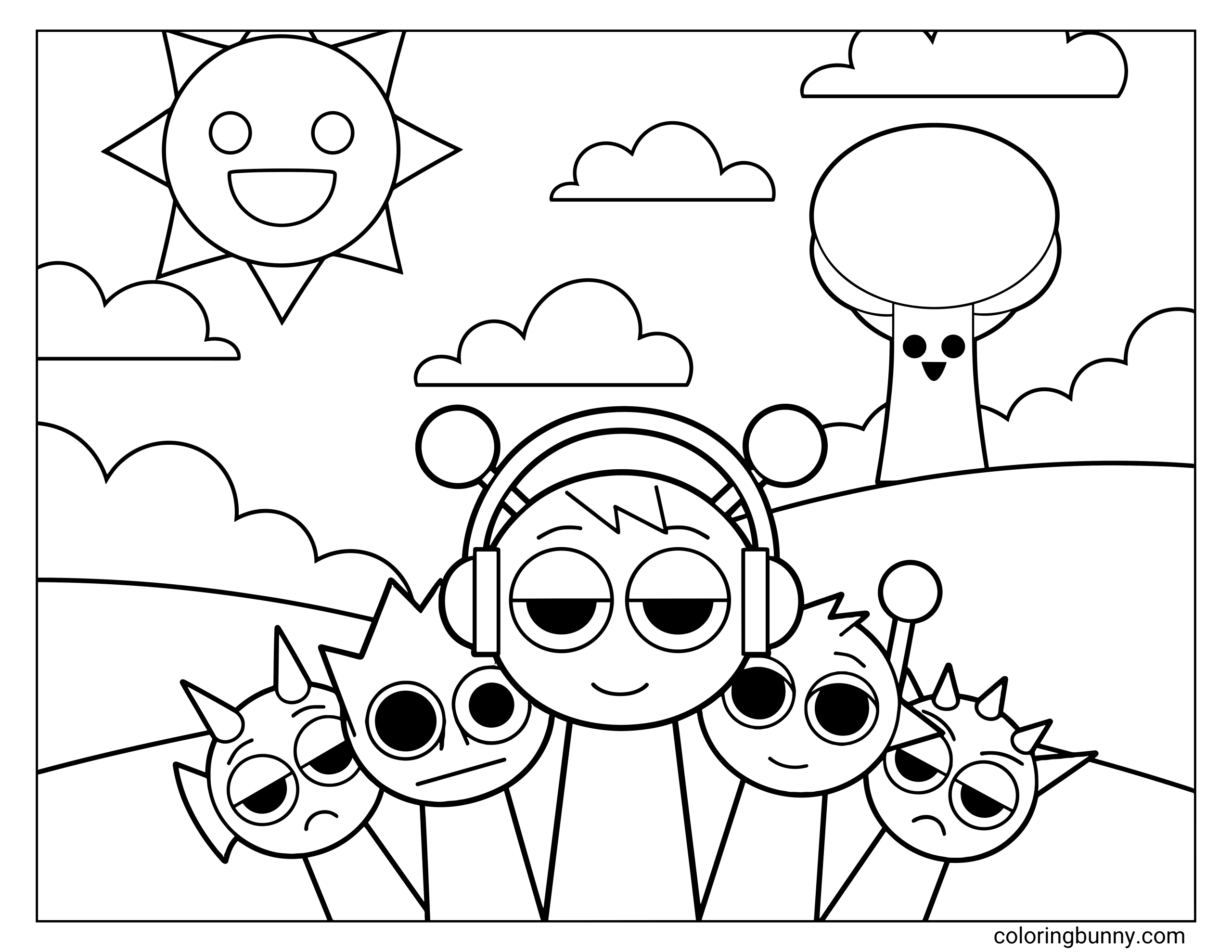 A fun coloring page of a group of seven Sprunki characters in a sunny field. In the foreground, Oren (with headphones) is centered among other characters like the grumpy Raddy and the happy Simon. In the background, Mr. Sun and Mr. Tree are smiling down on the scene.