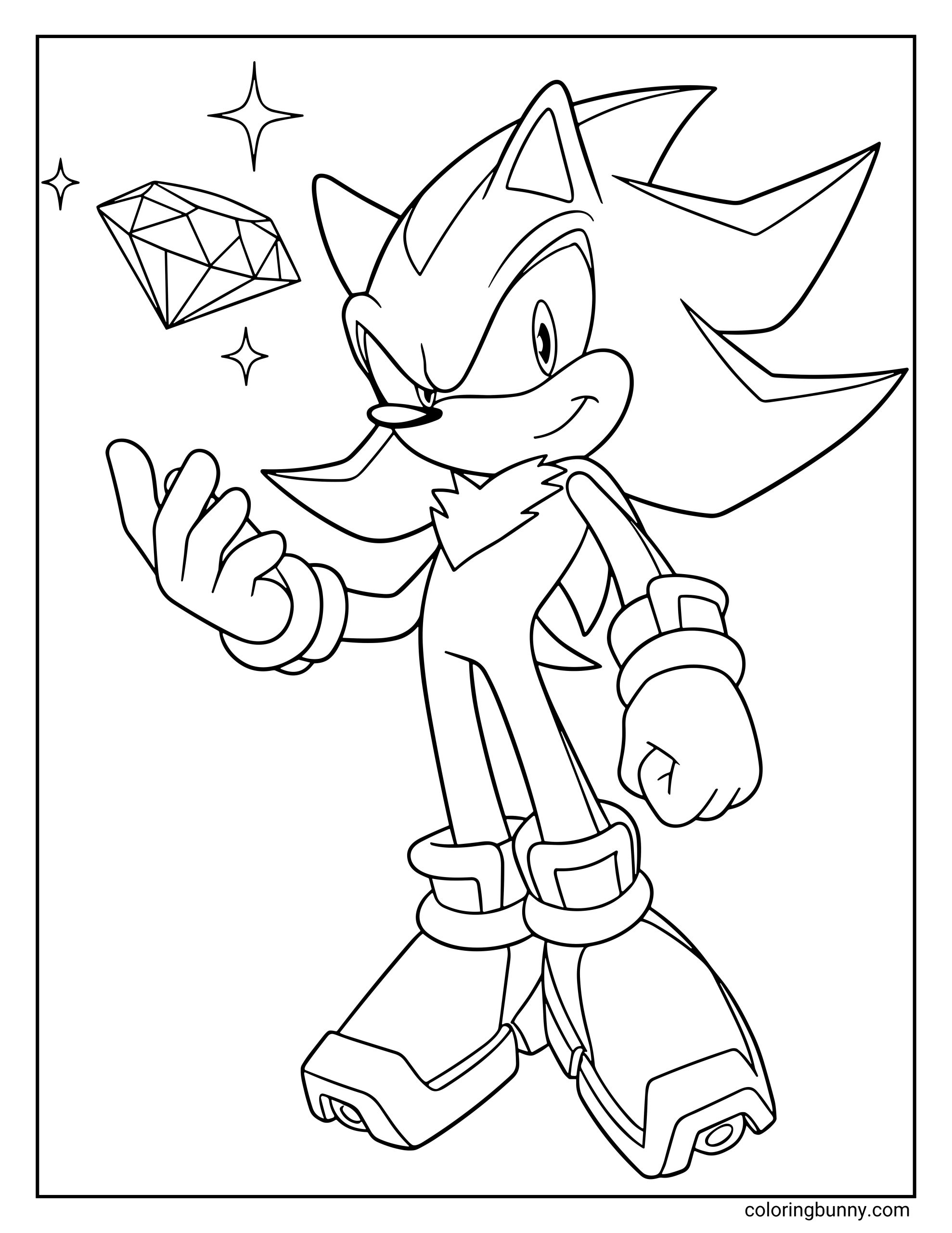 Shadow the Hedgehog coloring page featuring Shadow standing confidently with one hand raised and a smirk on his face. A sparkling Chaos Emerald floats beside him, surrounded by glimmering stars.