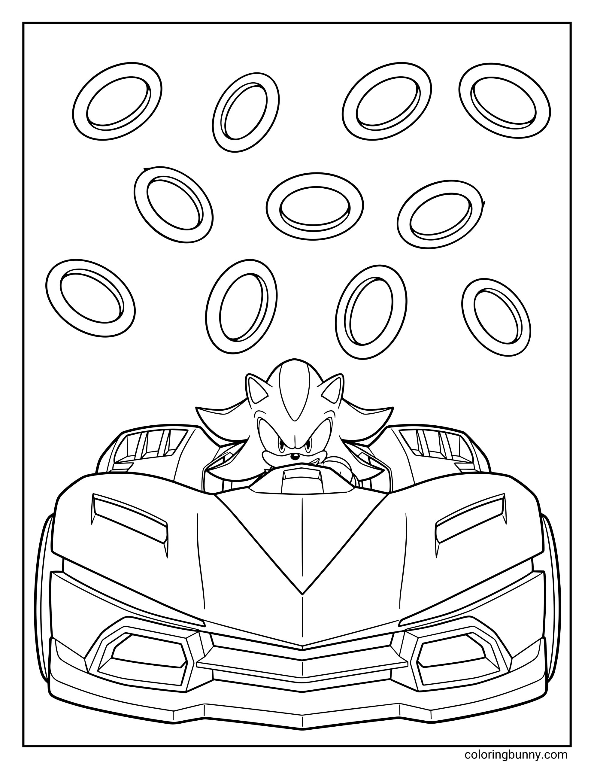 A sonic racing: crossworlds coloring page of Shadow the Hedgehog racing in a sleek sports car with golden rings floating above him, ready to speed through the track.