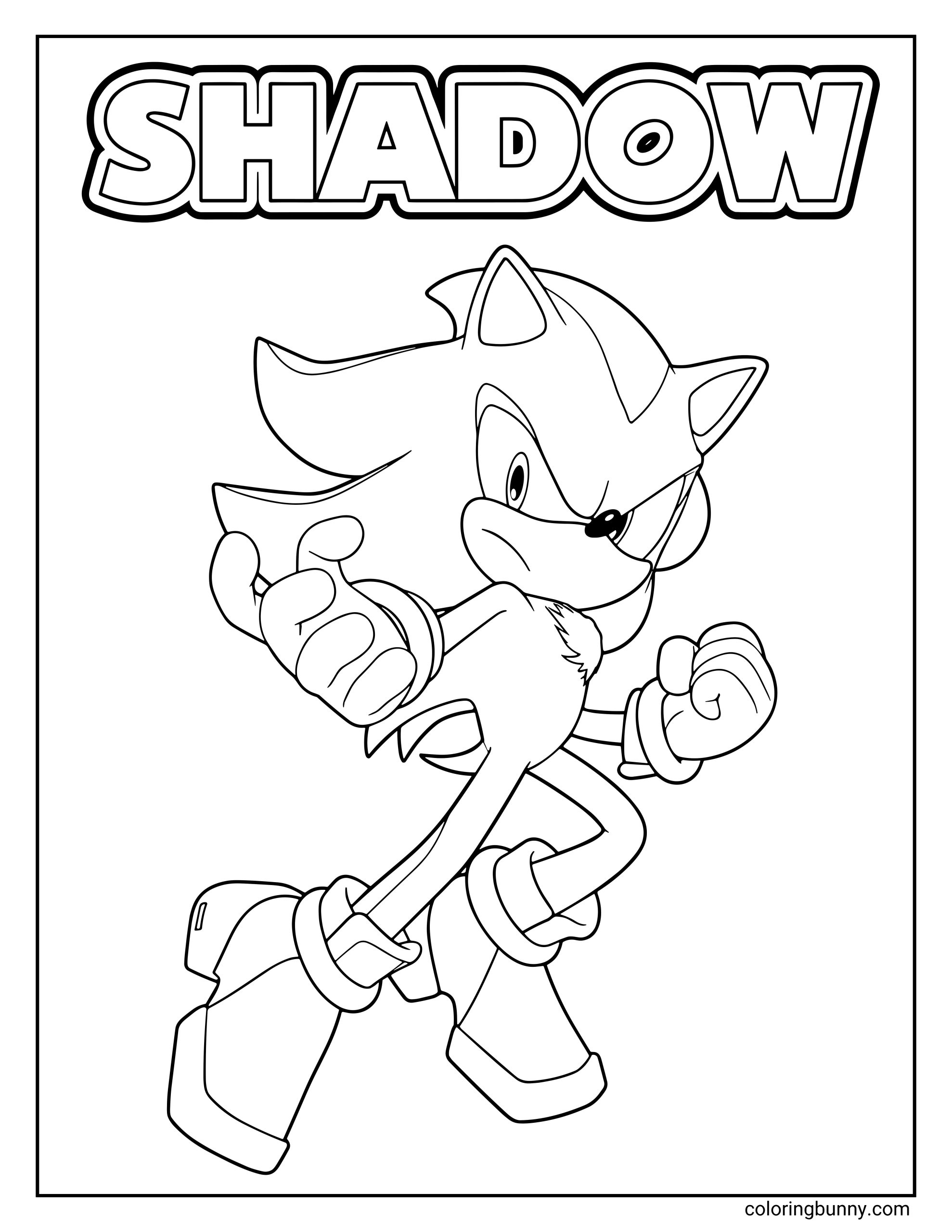 A Shadow the Hedgehog coloring page showing Shadow in a powerful stance, fists clenched and eyes focused, ready for action. The text 'SHADOW' is included above.