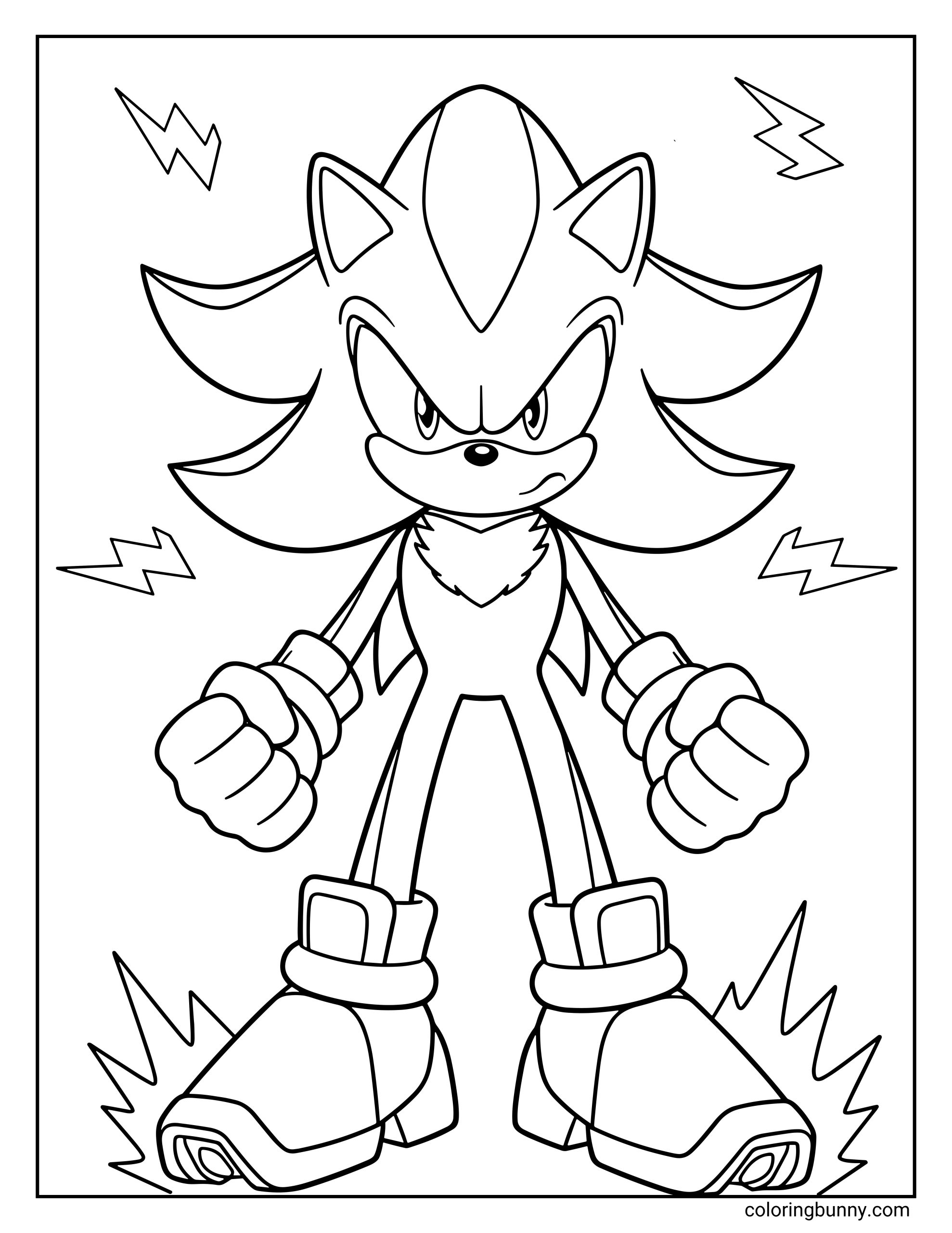 A coloring page of Shadow the Hedgehog from Sonic standing confidently with clenched fists. Lightning bolts crackle around him, and energy sparks rise from his boots, highlighting his fierce power and determination.