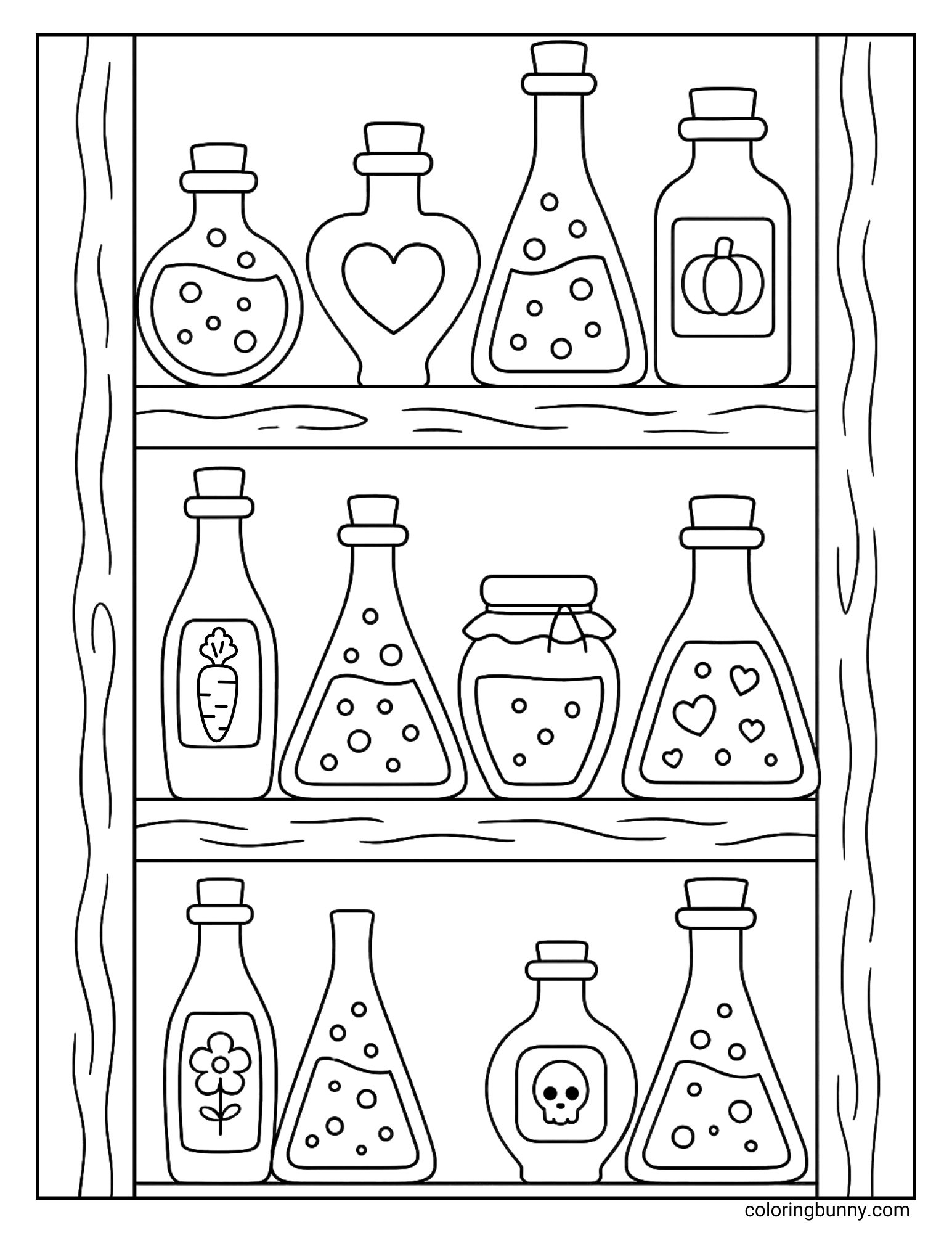 A magical coloring page of a wooden shelf filled with a witch's potions. The three shelves hold many different bottles and jars, some bubbling and some with labels like a pumpkin, a heart, a flower, and a spooky skull.