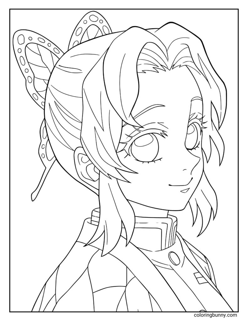 This coloring page features Shinobu Kocho from Demon Slayer: Kimetsu no Yaiba, smiling softly with her butterfly hairpin and delicate hairstyle. Her calm expression and detailed uniform reflect her graceful yet powerful personality as the Insect Hashira.
