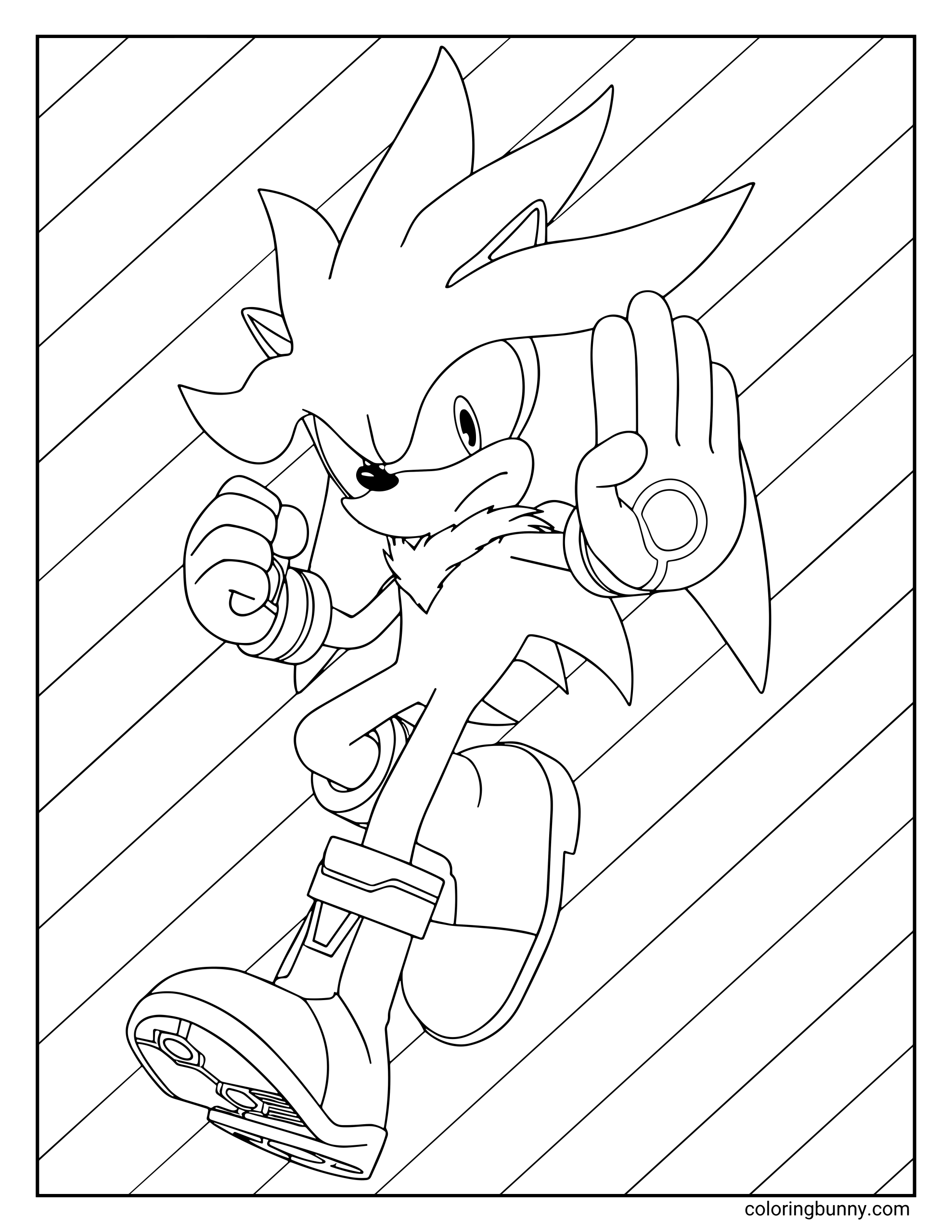 Silver the Hedgehog coloring page featuring Silver in an action pose with one hand raised and glowing, ready to unleash his telekinetic powers. The background has diagonal stripes that give a sense of motion and energy.