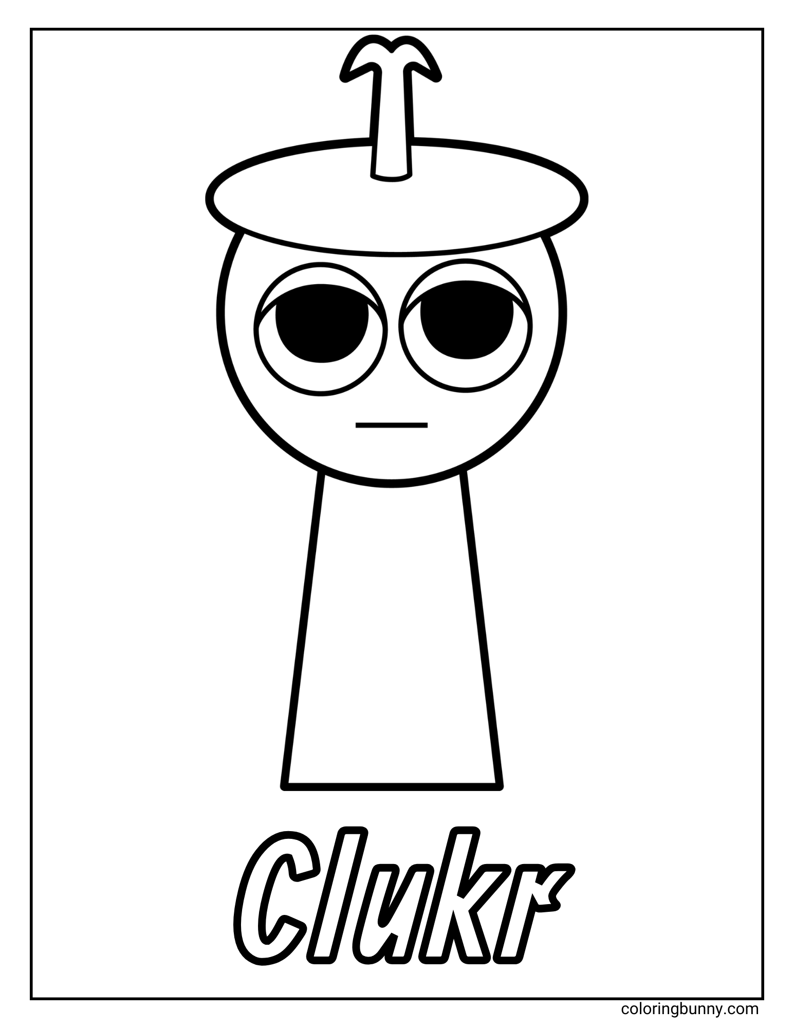 Simple Sprunki coloring page featuring Clukr, a silver-colored character with large round eyes and a mushroom-like cap on its head, standing above the word “Clukr” in bold letters.