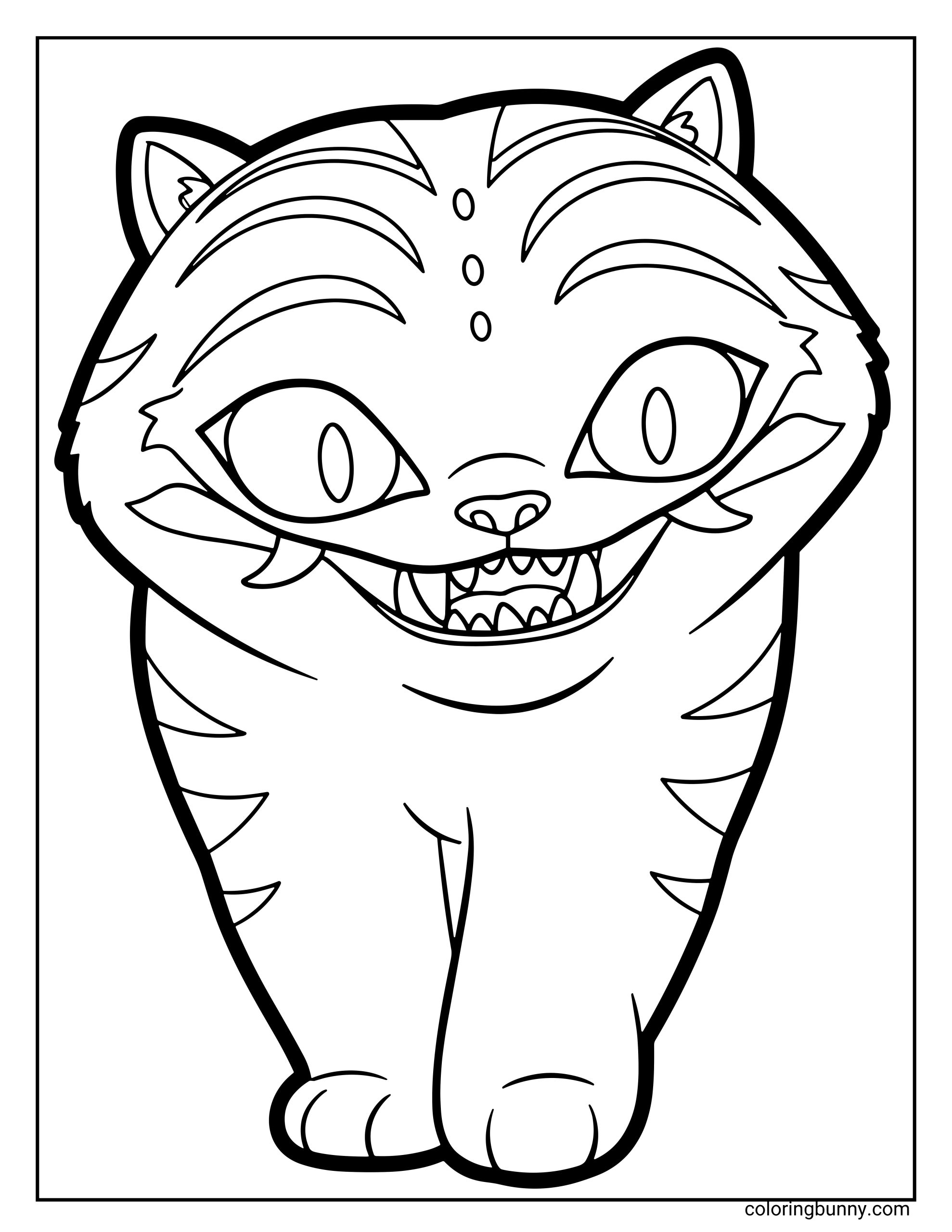 Coloring page of Derpy, the mischievous tiger spirit from KPop: Demon Hunters, walking forward with a toothy grin and big curious eyes.