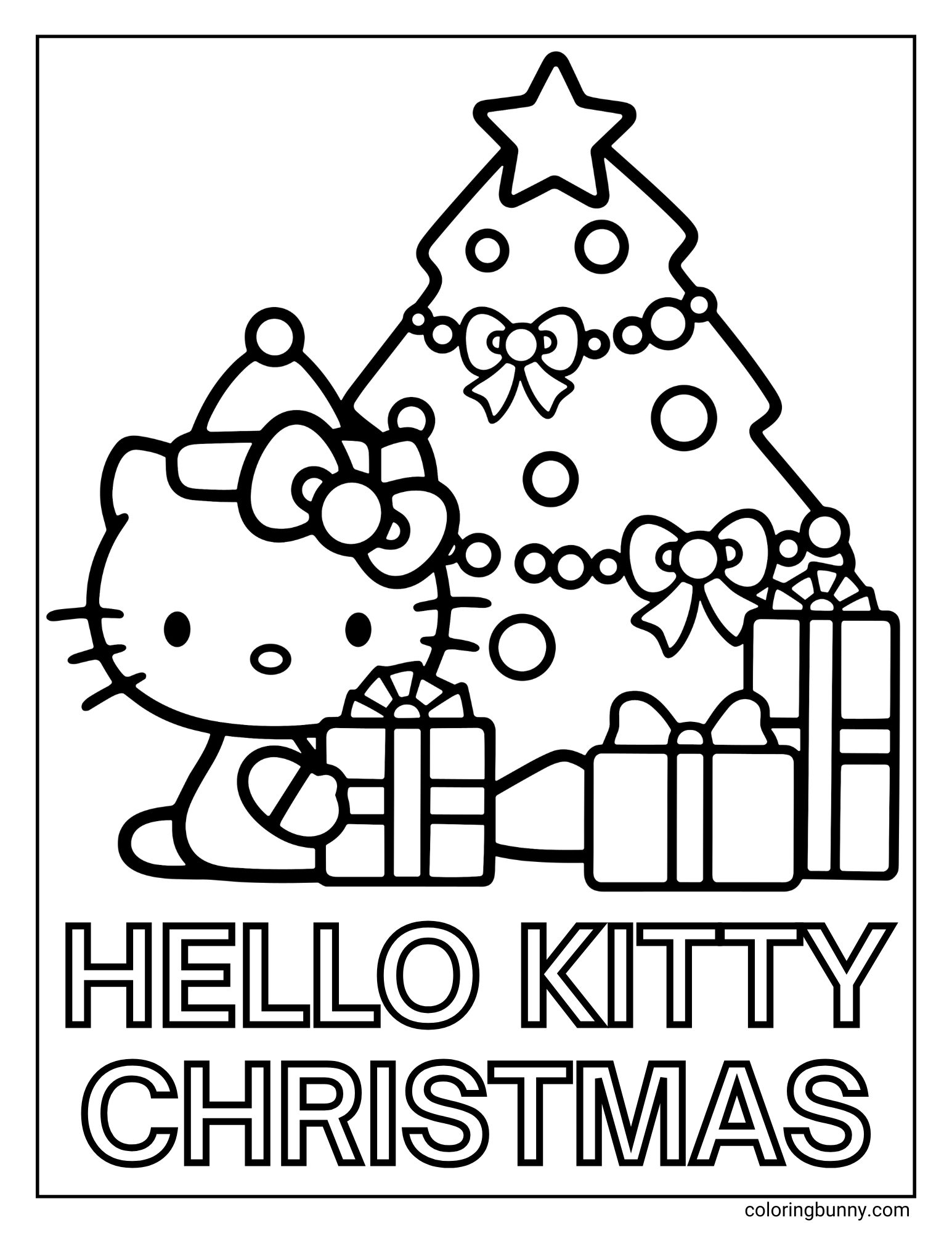 A simple Hello Kitty Christmas coloring page featuring Hello Kitty in a Santa hat, sitting next to a decorated Christmas tree and presents. The text 'HELLO KITTY CHRISTMAS' is at the bottom.