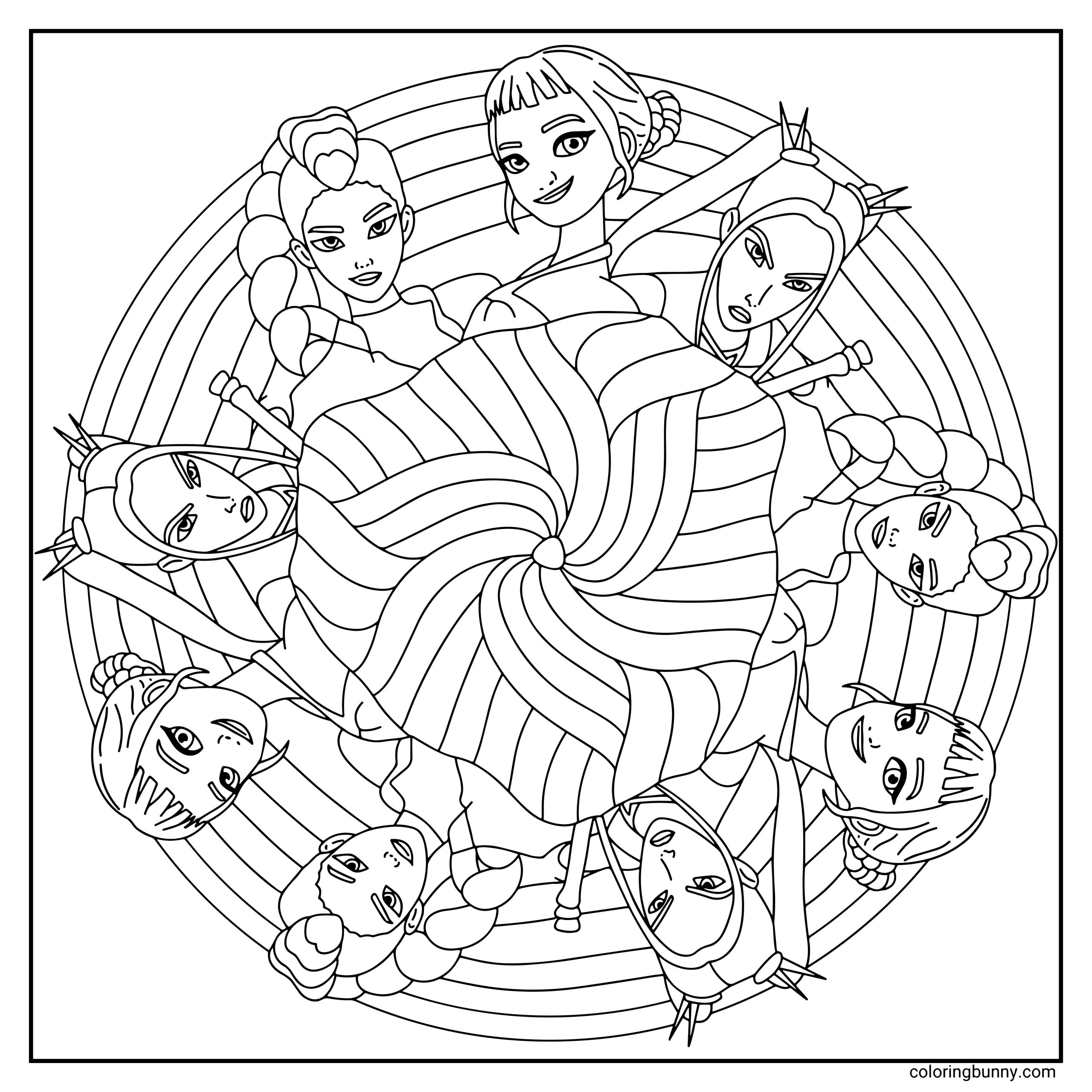 A mandala-style coloring page featuring Huntrix from KPop Demon Hunters. Multiple mirrored illustrations of Huntrix; Rumi, Zoey and Mira form a circular pattern around a swirling center. Bold lines and repeating shapes create a symmetrical design.