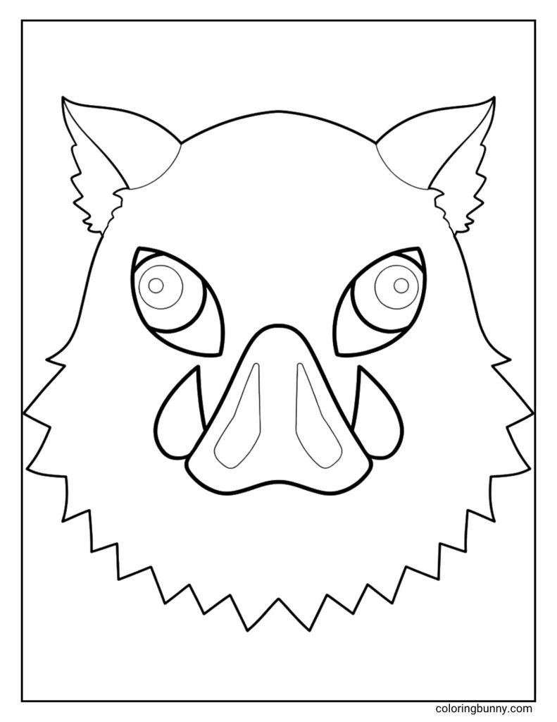 A simple coloring page of the iconic boar mask worn by the character Inosuke Hashibira from the anime Demon Slayer. The mask features a wild boar's head with large eyes, tusks, and a jagged, furry outline, ready to be colored or used as a printable mask.