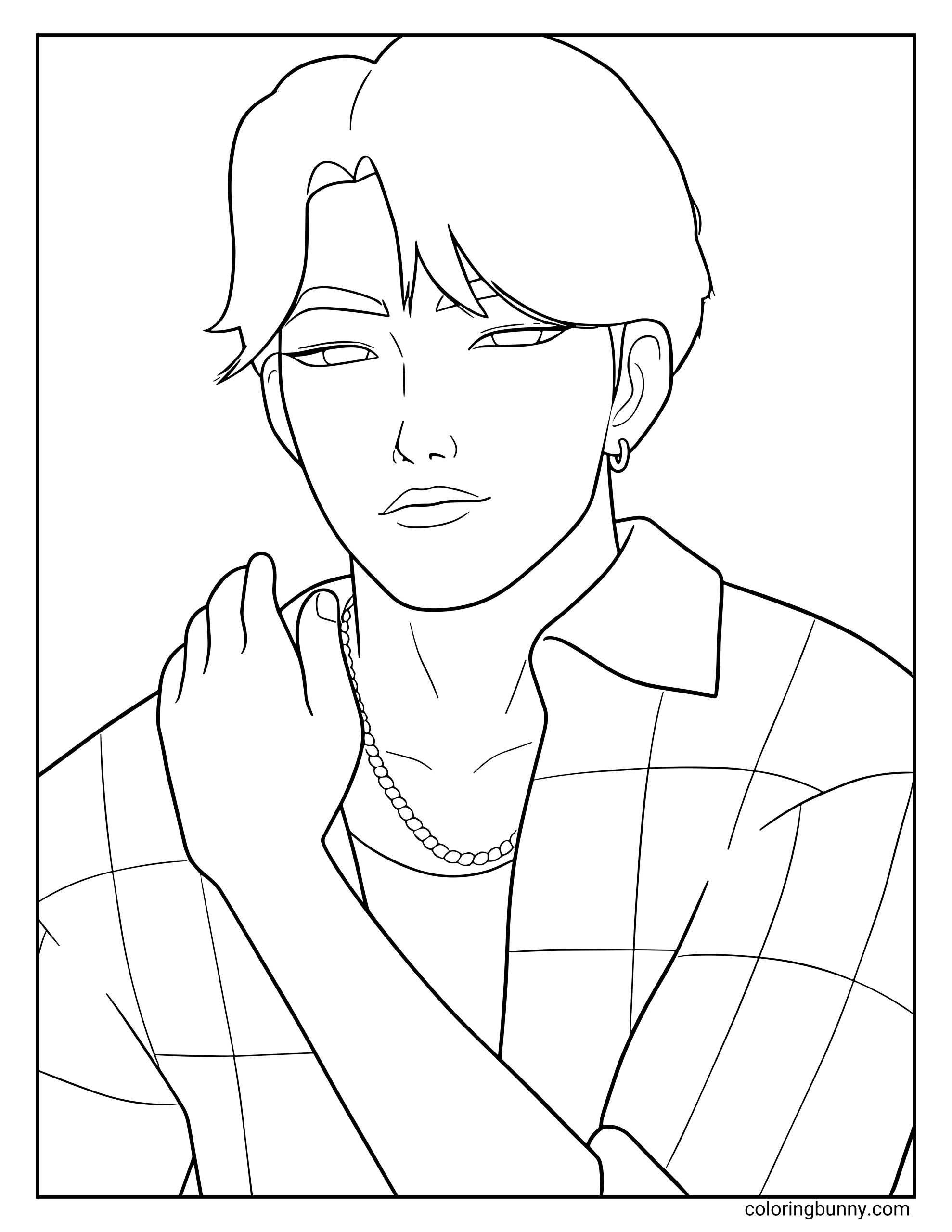 Coloring page of Jinu from KPop: Demon Hunters, wearing a checkered shirt over a T-shirt with a chain necklace and hoop earring, posing confidently with one hand on his shoulder.