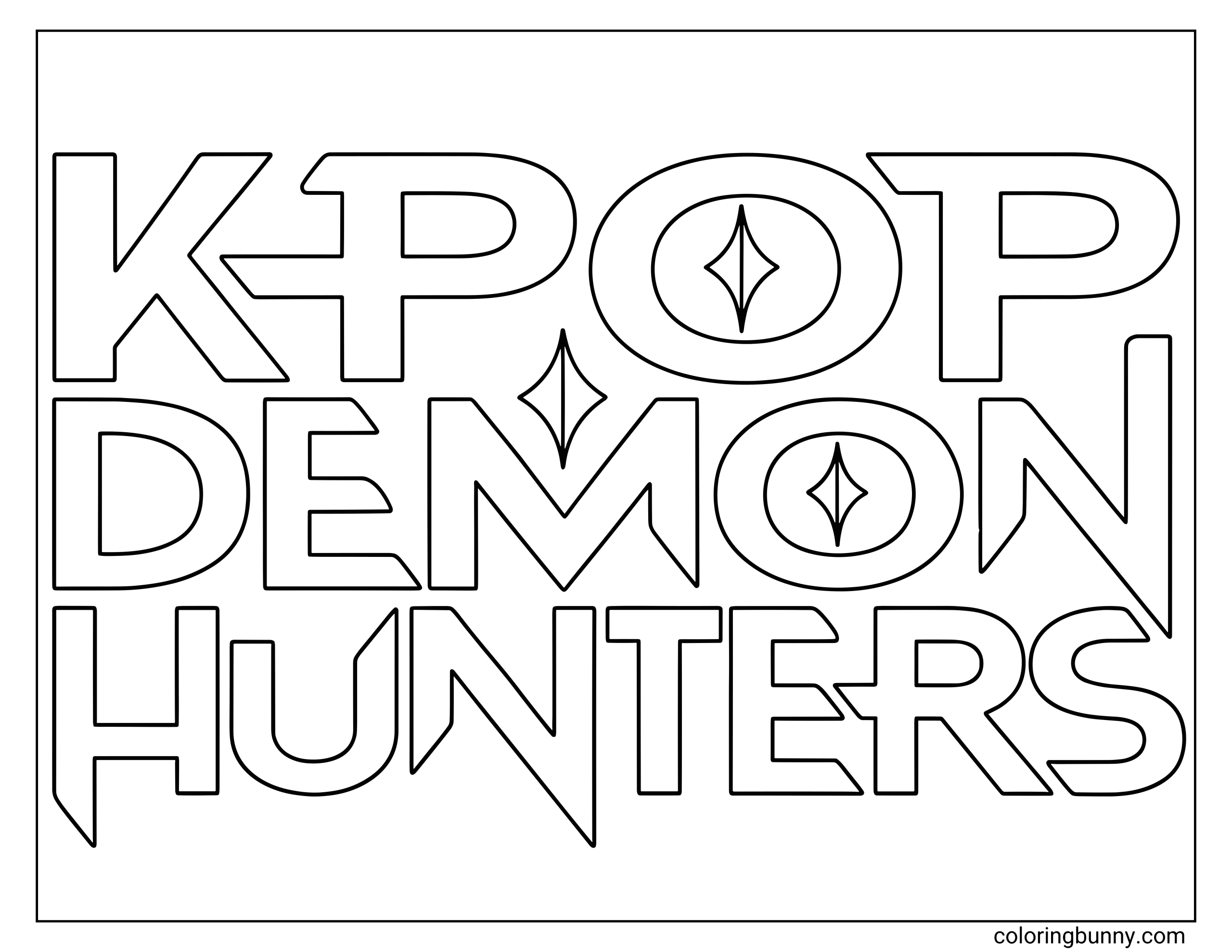 Coloring page featuring the KPop: Demon Hunters logo in bold, stylized letters with diamond-shaped star accents inside and around the text.