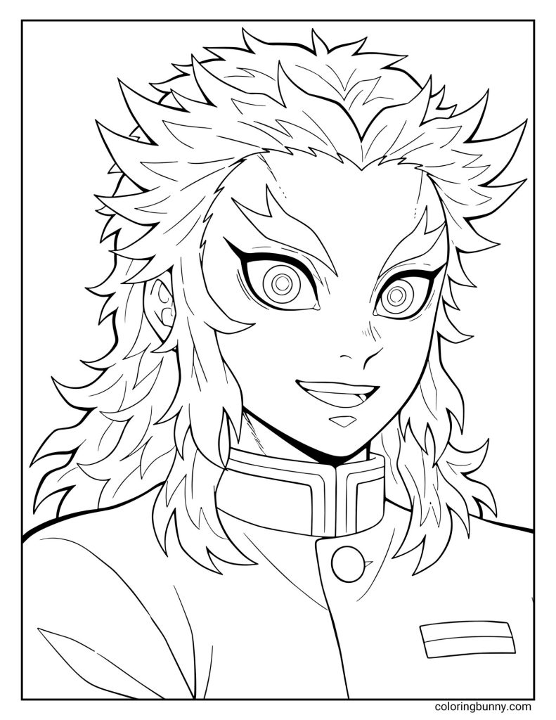Simple coloring page of Kyojuro Rengoku from Demon Slayer, smiling confidently and wearing his Demon Slayer Corps uniform.