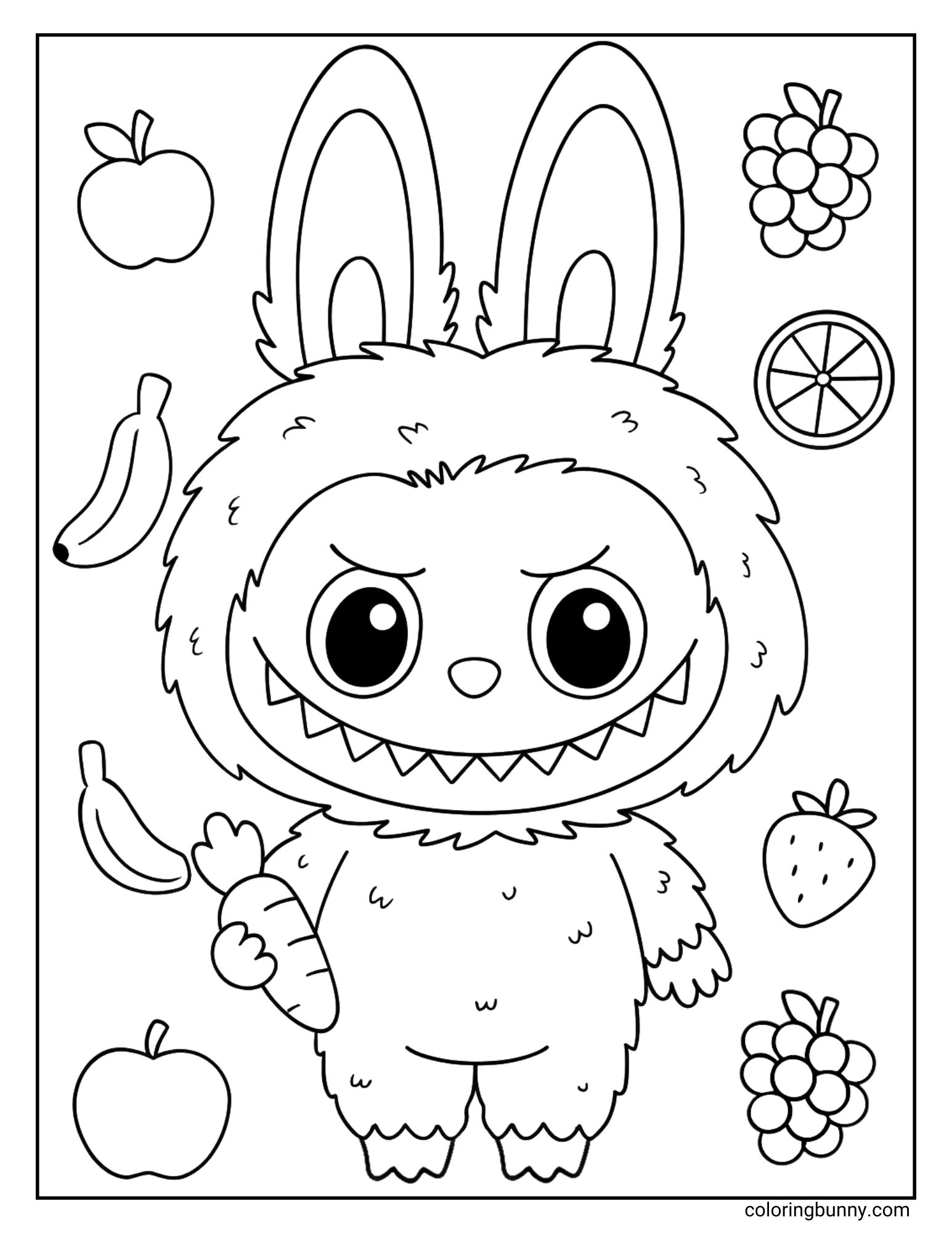 A black and white Labubu coloring page showing Labubu holding a carrot, surrounded by apples, bananas, grapes, and a strawberry.