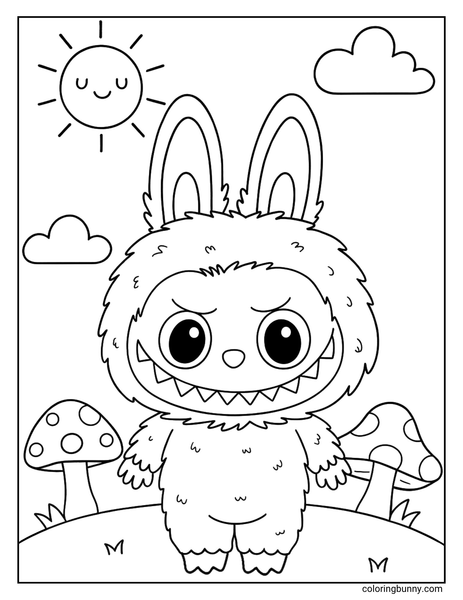 A black and white Labubu coloring page showing Labubu standing between two mushrooms with a smiling sun in the corner.