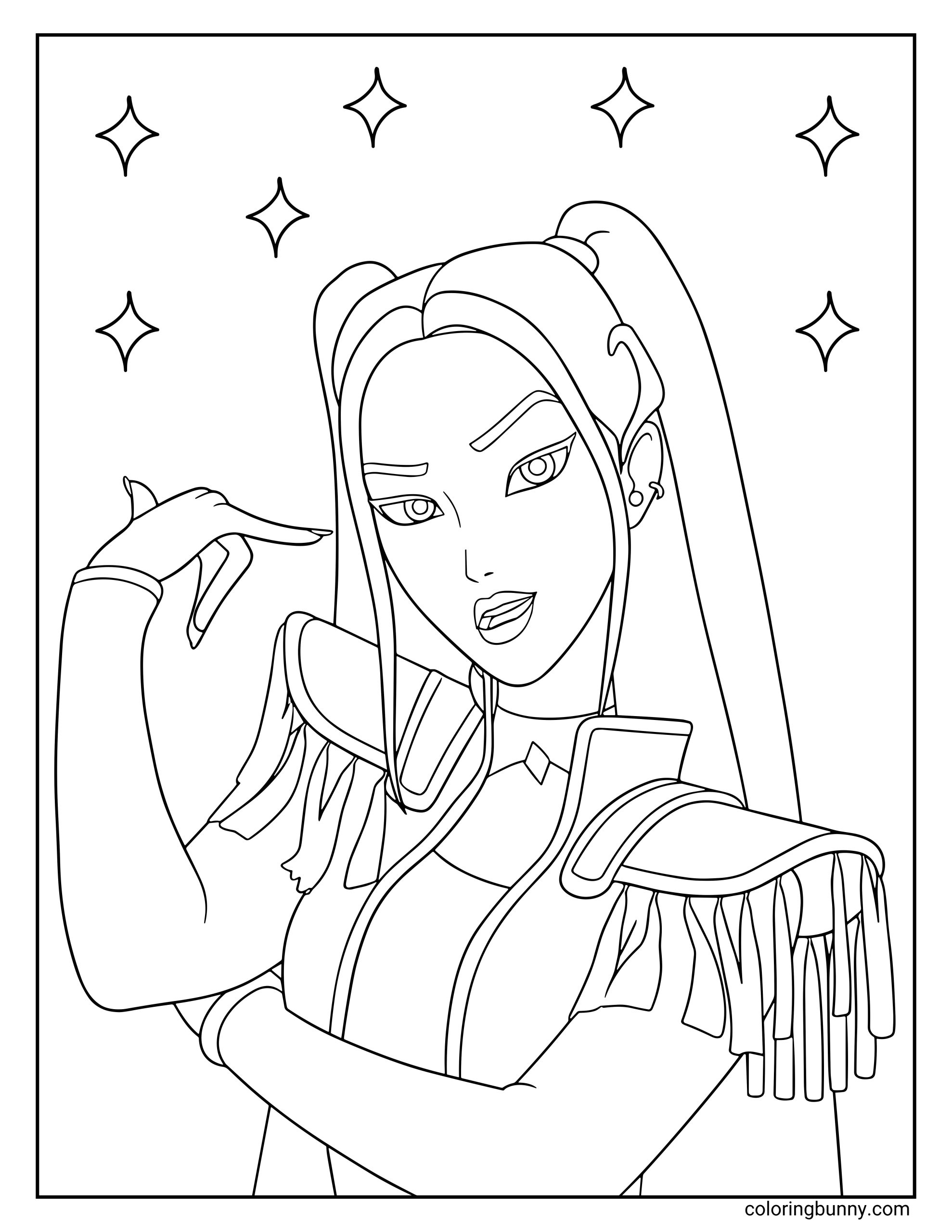 Coloring page of Mira from KPop: Demon Hunters, striking a confident dance pose with one hand near her face and sparkles in the background, wearing her signature outfit with shoulder tassels.