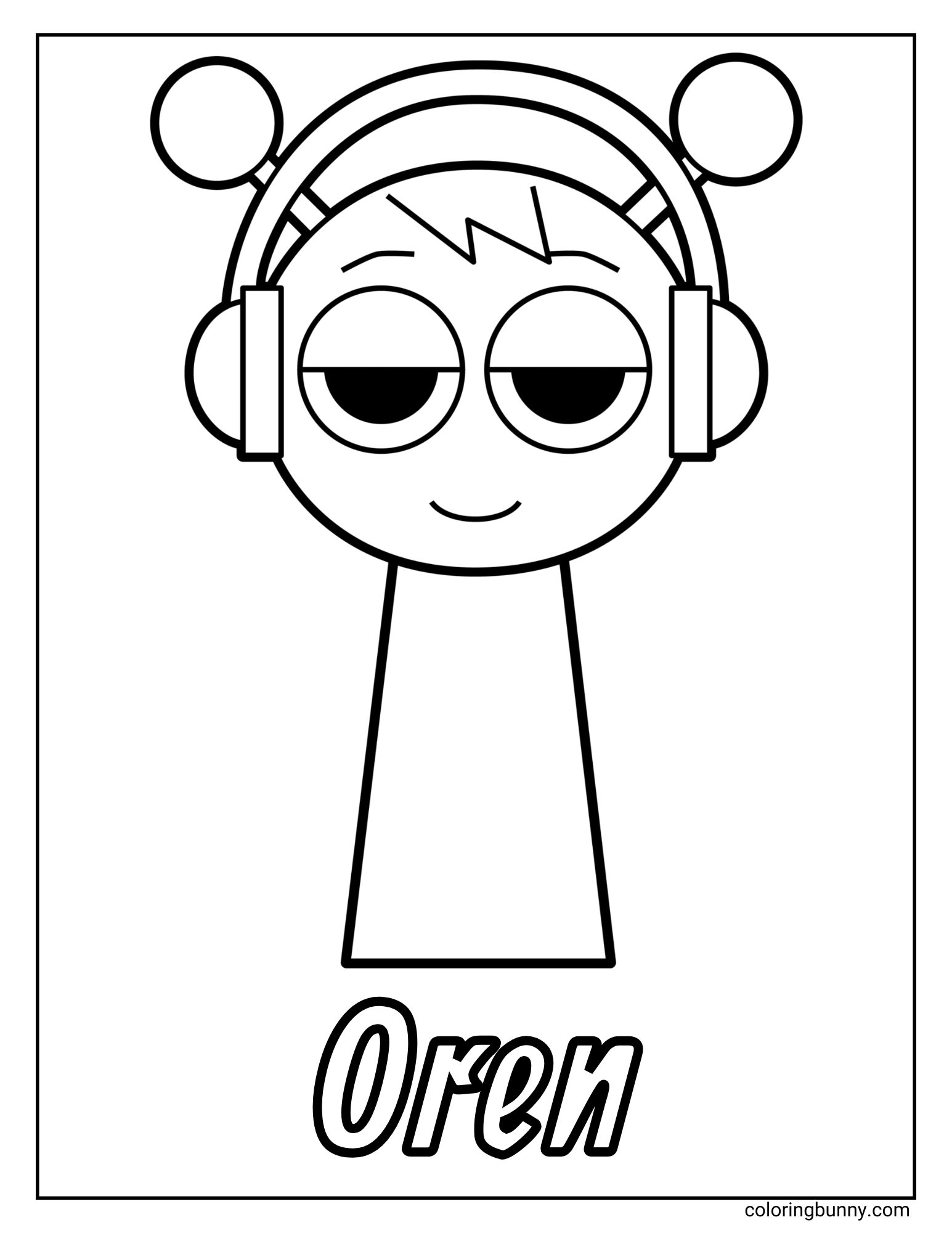 A simple coloring page of the Sprunki character named Oren. Oren is a cartoon figure with a relaxed, happy expression who is listening to music on a large pair of headphones. His name is written in large letters at the bottom.