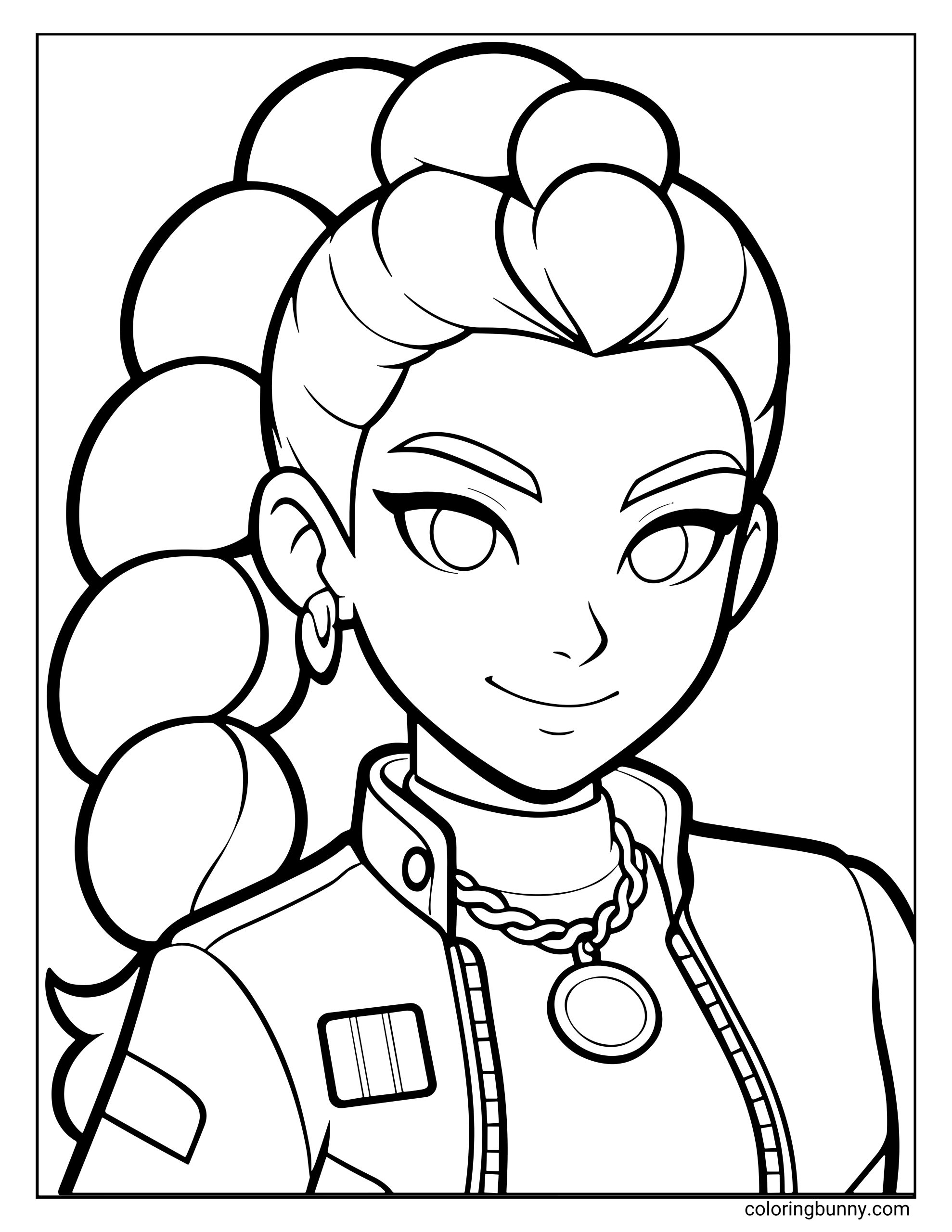 Simple profile picture coloring page of Rumi from KPop: Demon Hunters, featuring her confident smile, braided ponytail, hoop earring, and stylish jacket with a chain necklace.