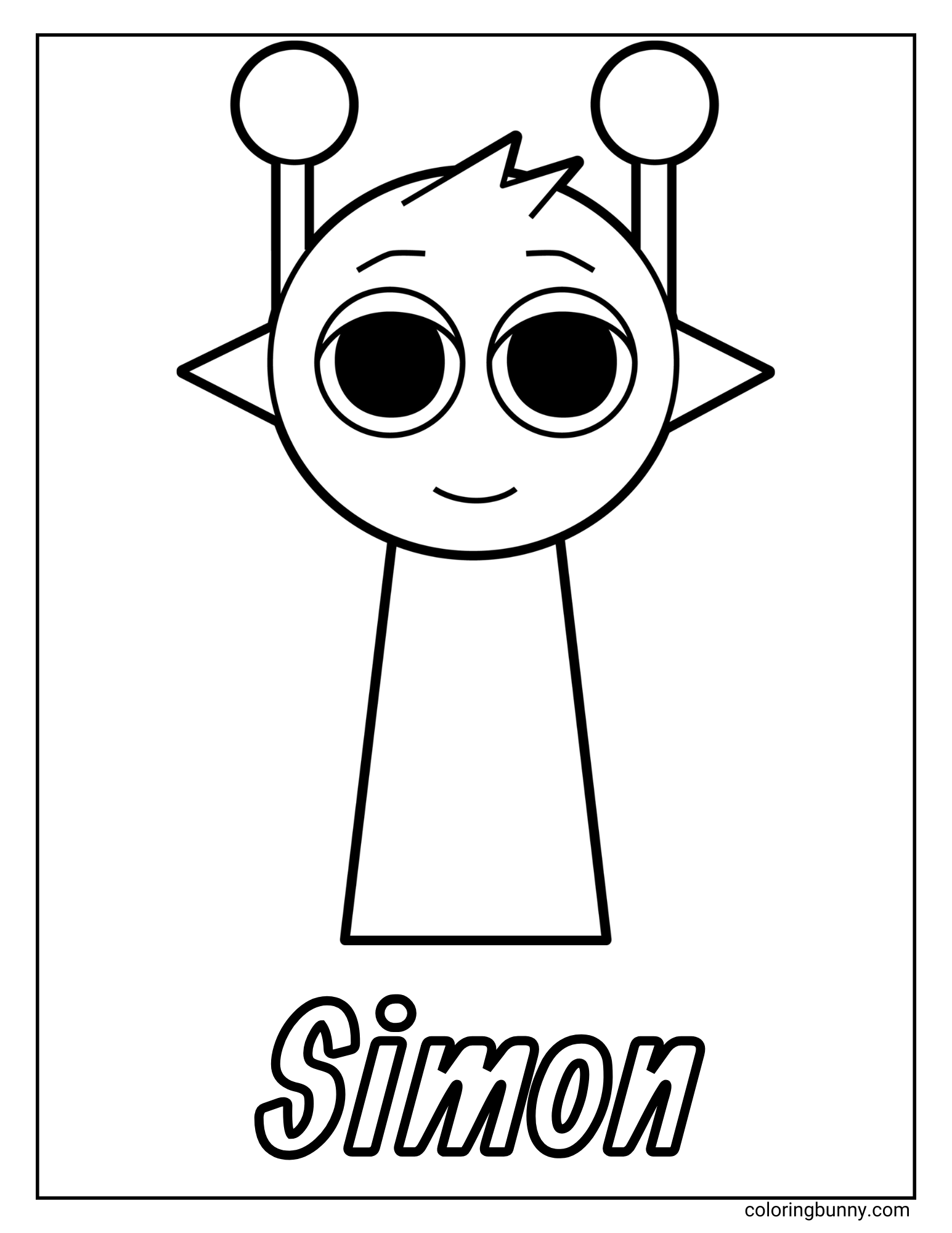 Simple Sprunki coloring page of Simon, a yellow character with round eyes, pointy ears, and two antennae topped with circles, standing above the word “Simon.”