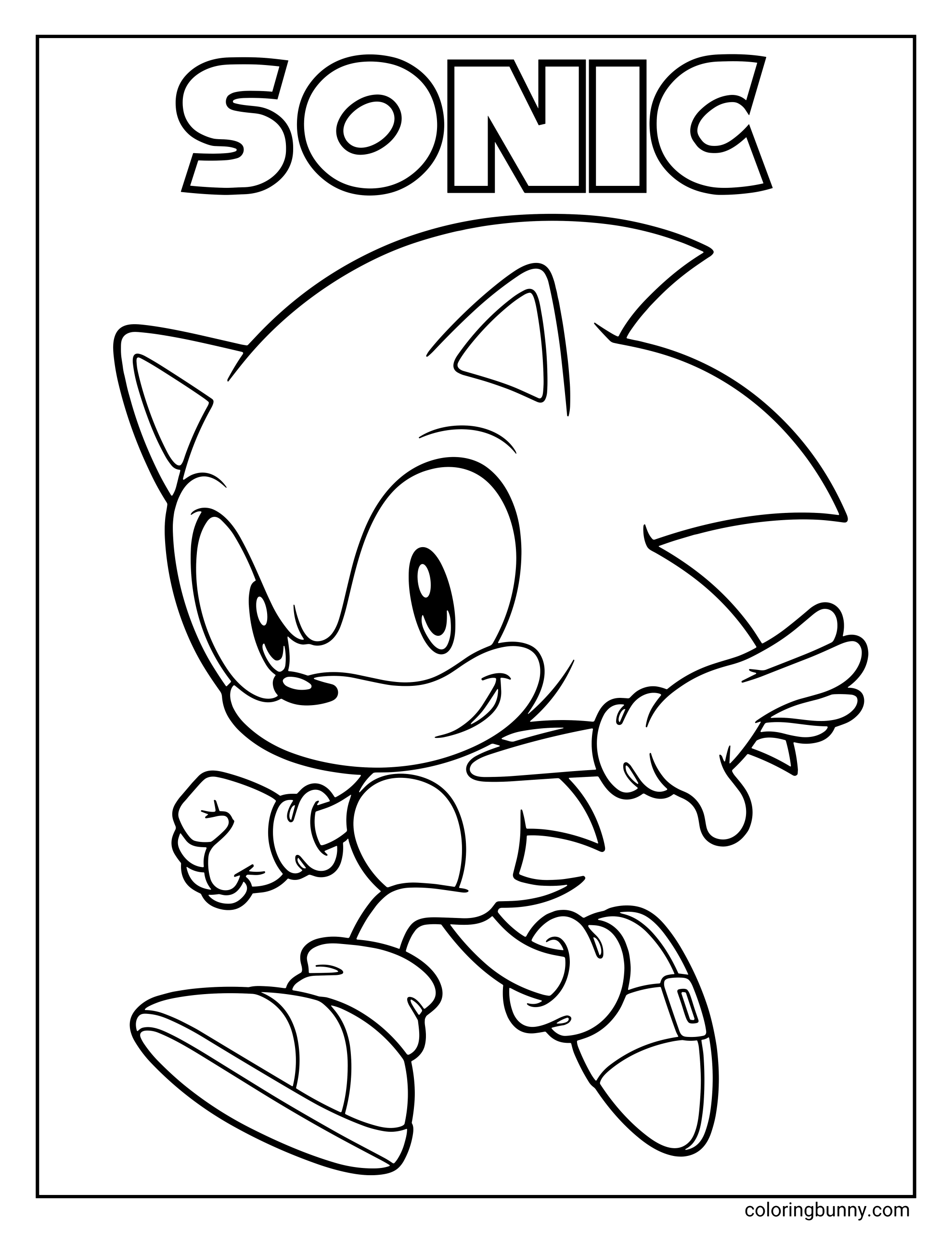 A simple coloring page of Sonic the Hedgehog running forward with a confident smile and his hand stretched out, ready for action.