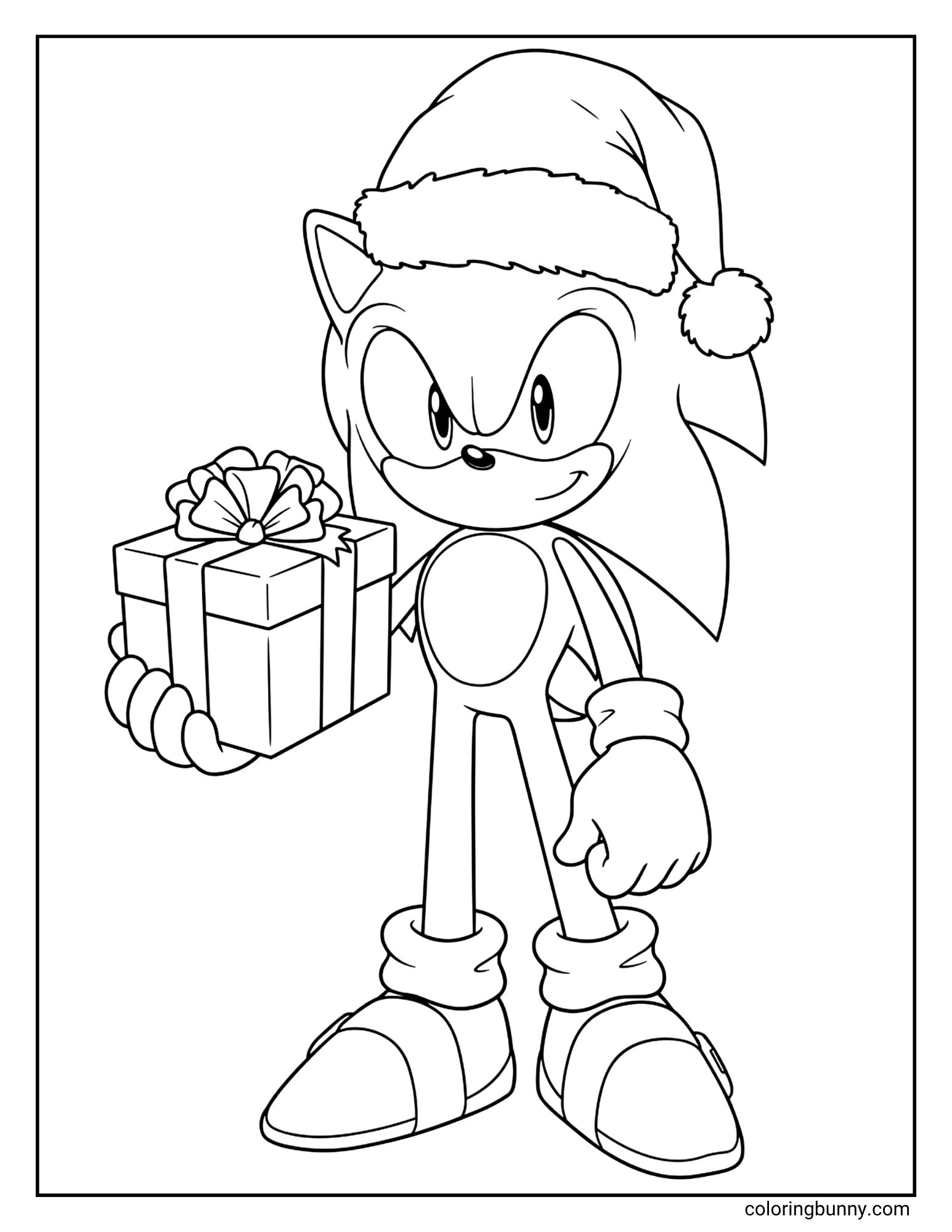 A Christmas coloring page featuring Sonic the Hedgehog. He is wearing a Santa hat and standing with a confident smile, holding up a wrapped present in one hand.