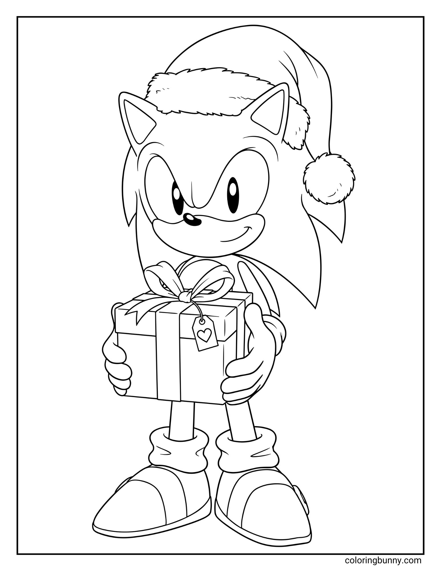 A Christmas coloring page featuring Sonic the Hedgehog. He is standing and smiling while wearing a Santa hat and holding a wrapped present that has a heart-shaped tag.