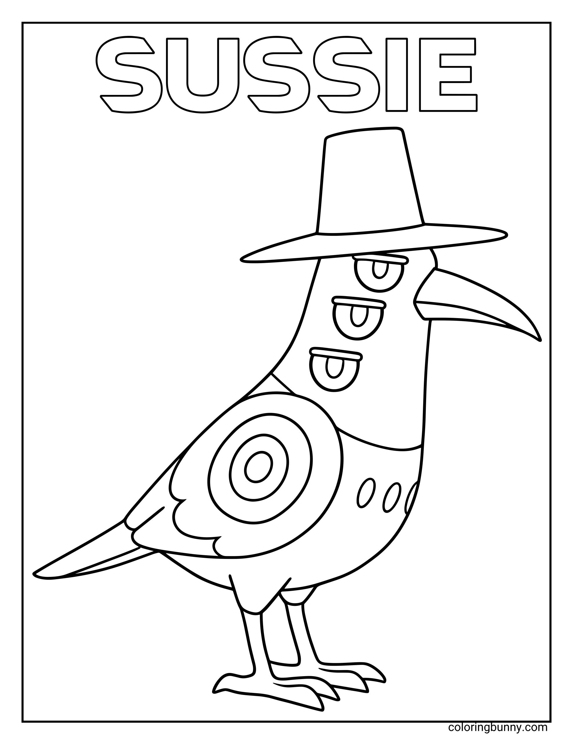 Coloring page of Sussie from KPop: Demon Hunters, a quirky bird character wearing a tall hat with three eyes stacked vertically and circular patterns on its wings. The word “SUSSIE” appears at the top for coloring.