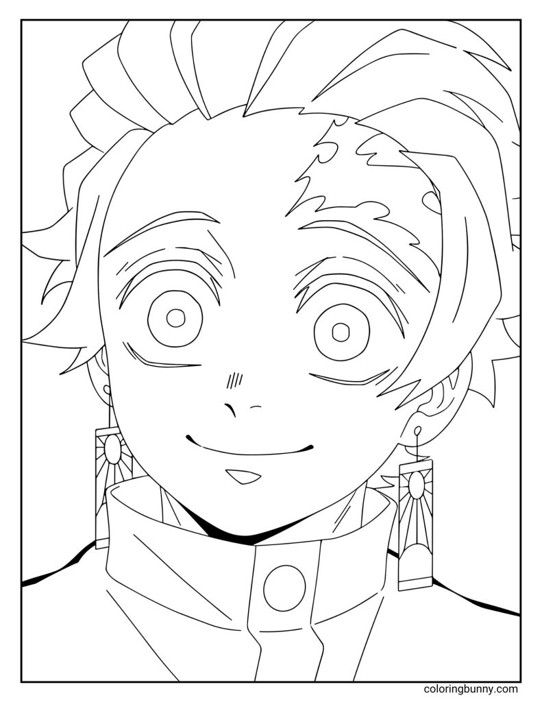 Simple coloring page of Tanjiro Kamado from Demon Slayer with a happy smile, wearing his signature hanafuda earrings and Demon Slayer uniform.