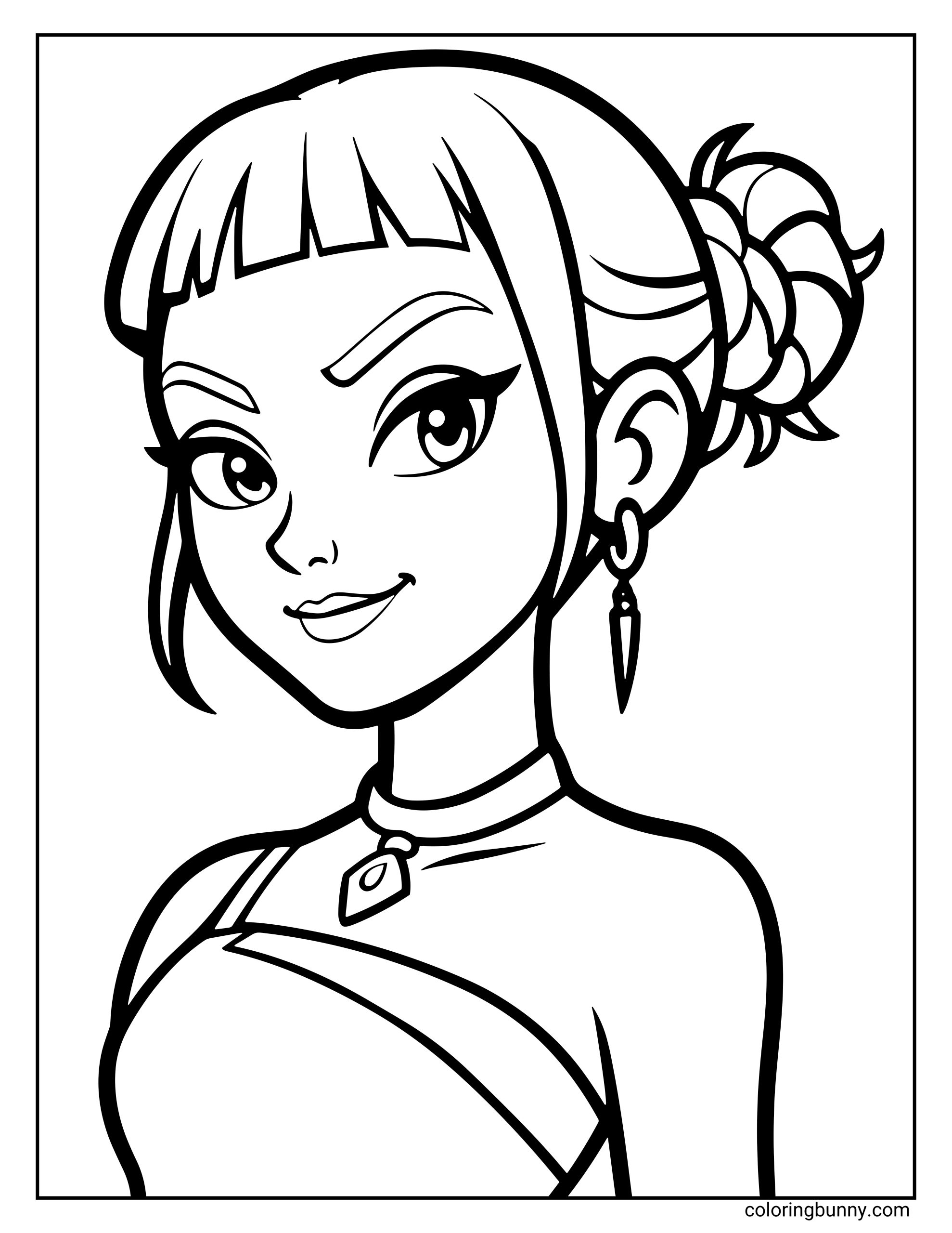 Coloring page of Zoey from KPop: Demon Hunters, showing her with a confident smile, short bangs, and a stylish updo bun, wearing a choker necklace and dangling earrings.