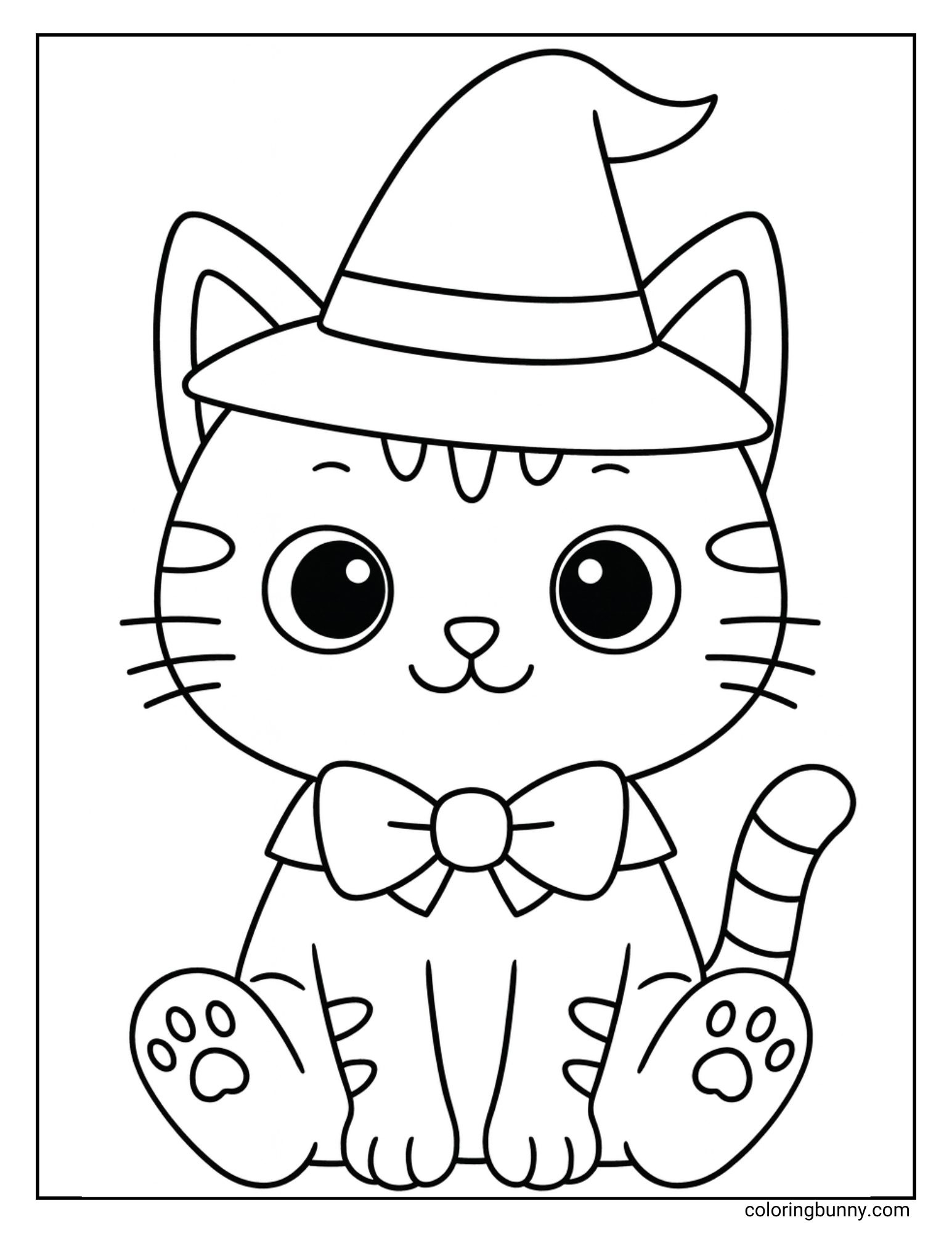 A simple Halloween coloring page of a cat wearing a costume. The cute striped cat is sitting down and is dressed in a witch hat and a large bow tie. The background is blank.