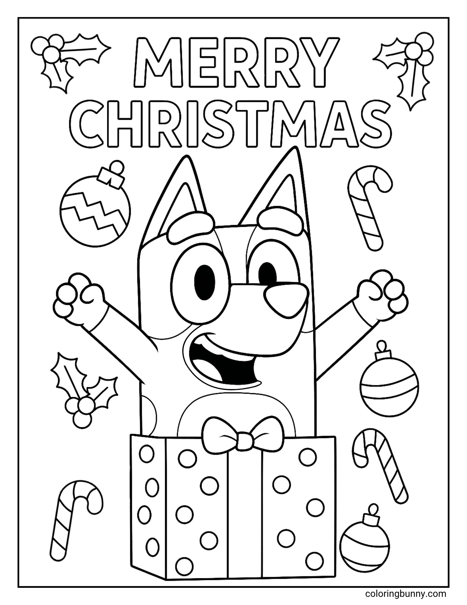 A coloring page featuring the character Bluey. She is popping excitedly out of a polka-dot present, surrounded by candy canes, holly, and ornaments.