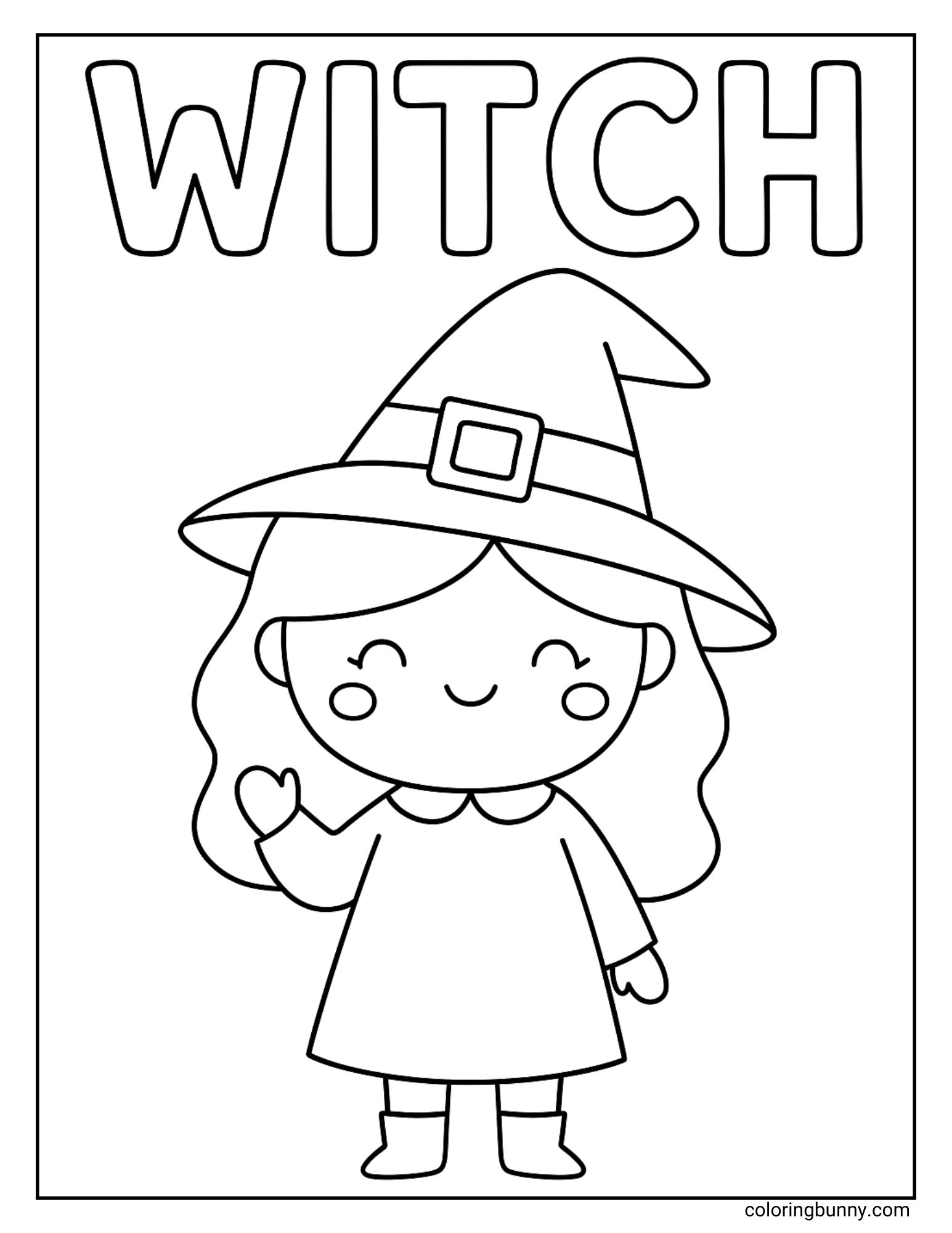A simple and easy coloring page of a cute witch, perfect for young children. The kawaii-style witch has closed, happy eyes and is giving a little wave under the word 'Witch'. The background is plain to make it easy to color.