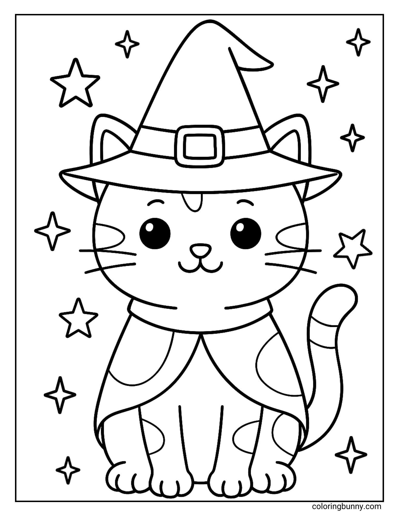 Coloring page of a striped cat sitting down wearing a pointed wizard-style hat and a cape with a polka-dot pattern. The background is filled with stars, giving a cute Halloween vibe.