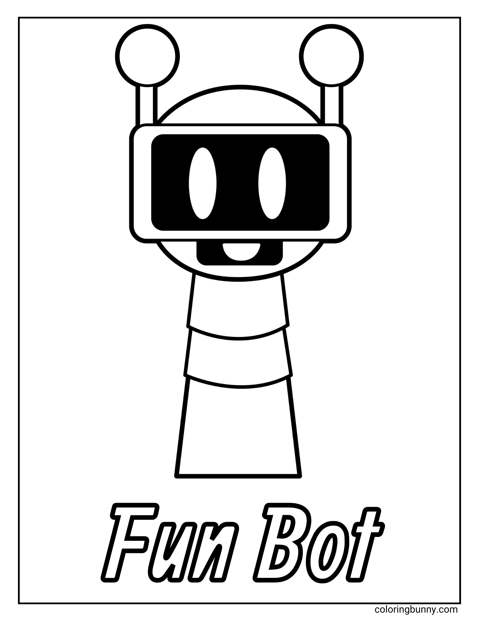 A simple coloring page of the Sprunki character named Fun Bot. Fun Bot is a friendly-looking robot with a large screen for a face, a simple body, and two antennae. His name is written in large letters at the bottom.