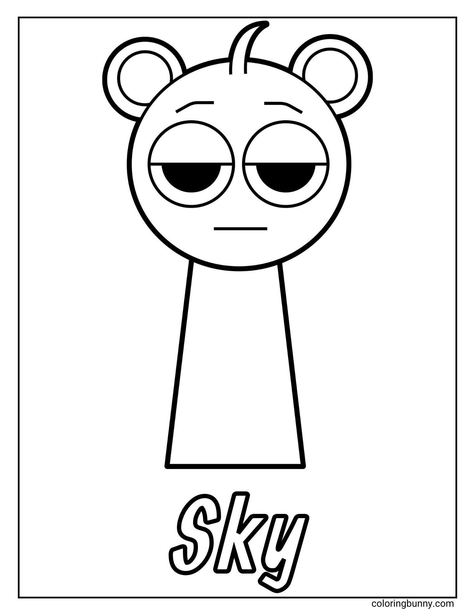 A simple coloring page of the Sprunki character named Sky. Sky is a cartoon figure with bear-like ears and a very tired, grumpy, or sleepy expression on his face. His name is written in large letters at the bottom of the page.