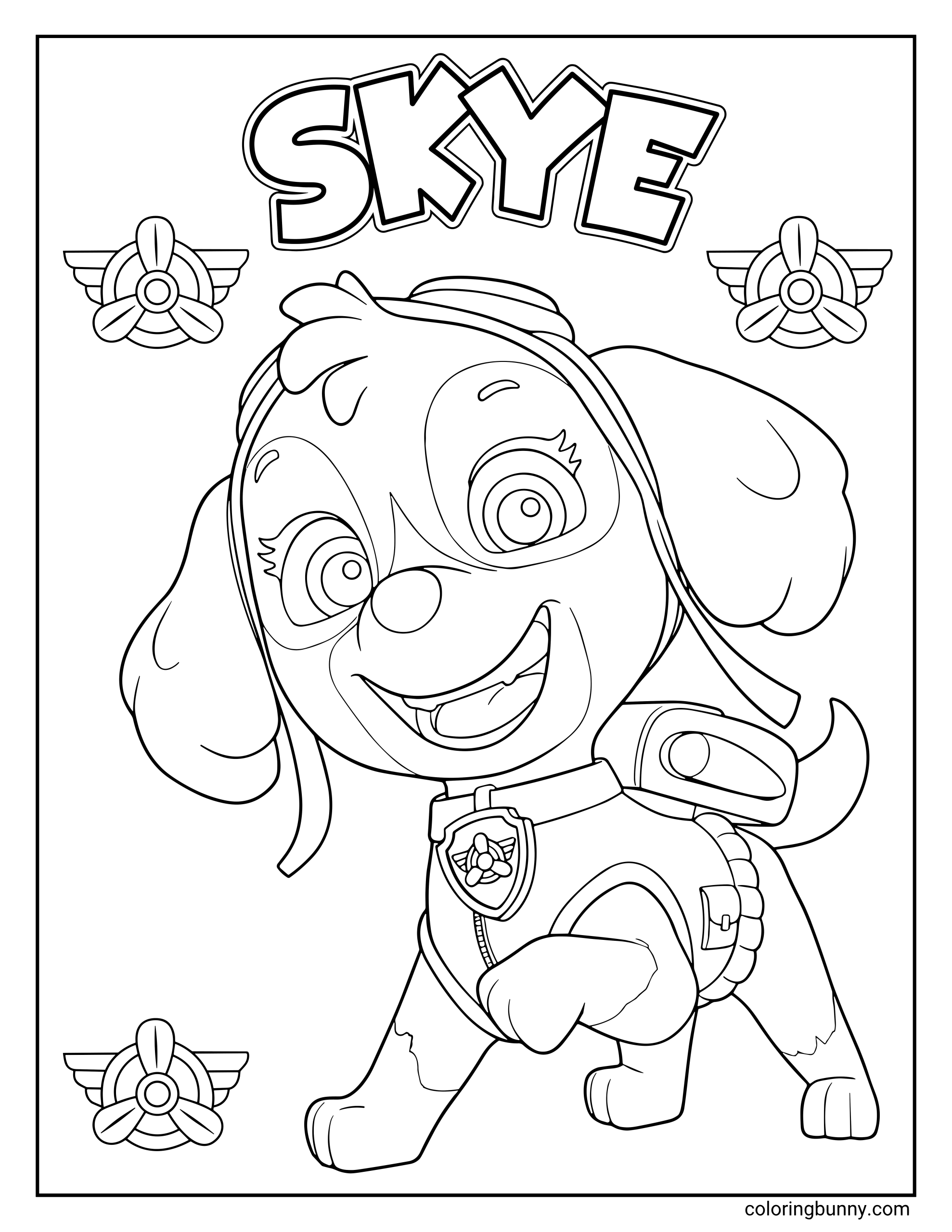 Coloring page of Skye from Paw Patrol smiling brightly with her aviator goggles and flight suit, surrounded by propeller wing emblems and her name in bold letters at the top.