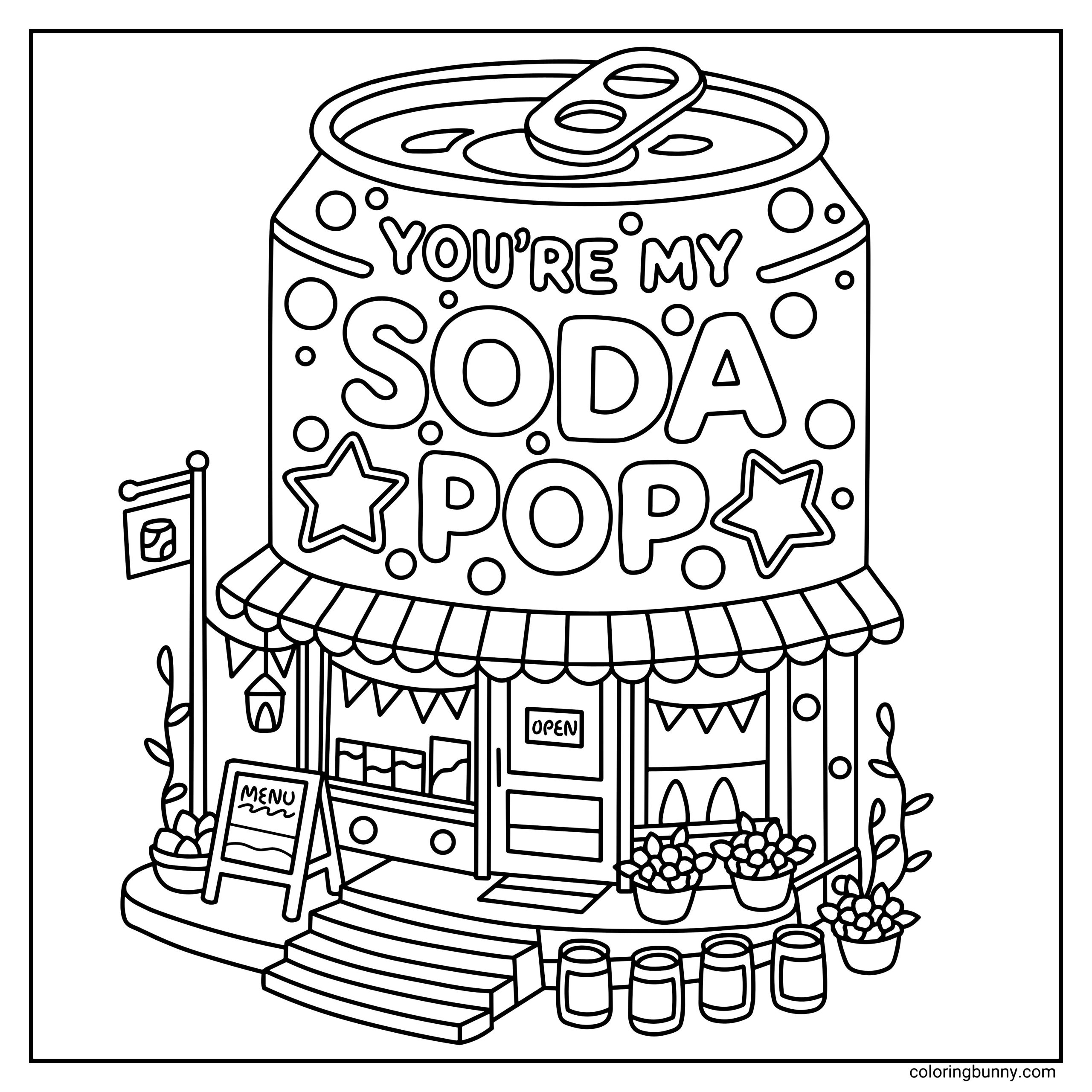 A hand-drawn Saja Boys KPop Demon Hunters cozy corner coloring page featuring a whimsical soda pop shop. It's shaped like a giant can, with a striped awning, “You’re My Soda Pop” sign, stars and bubbles, an open door, menu board, potted plants, and jars lined up outside, creating a playful, cheerful street-corner scene.