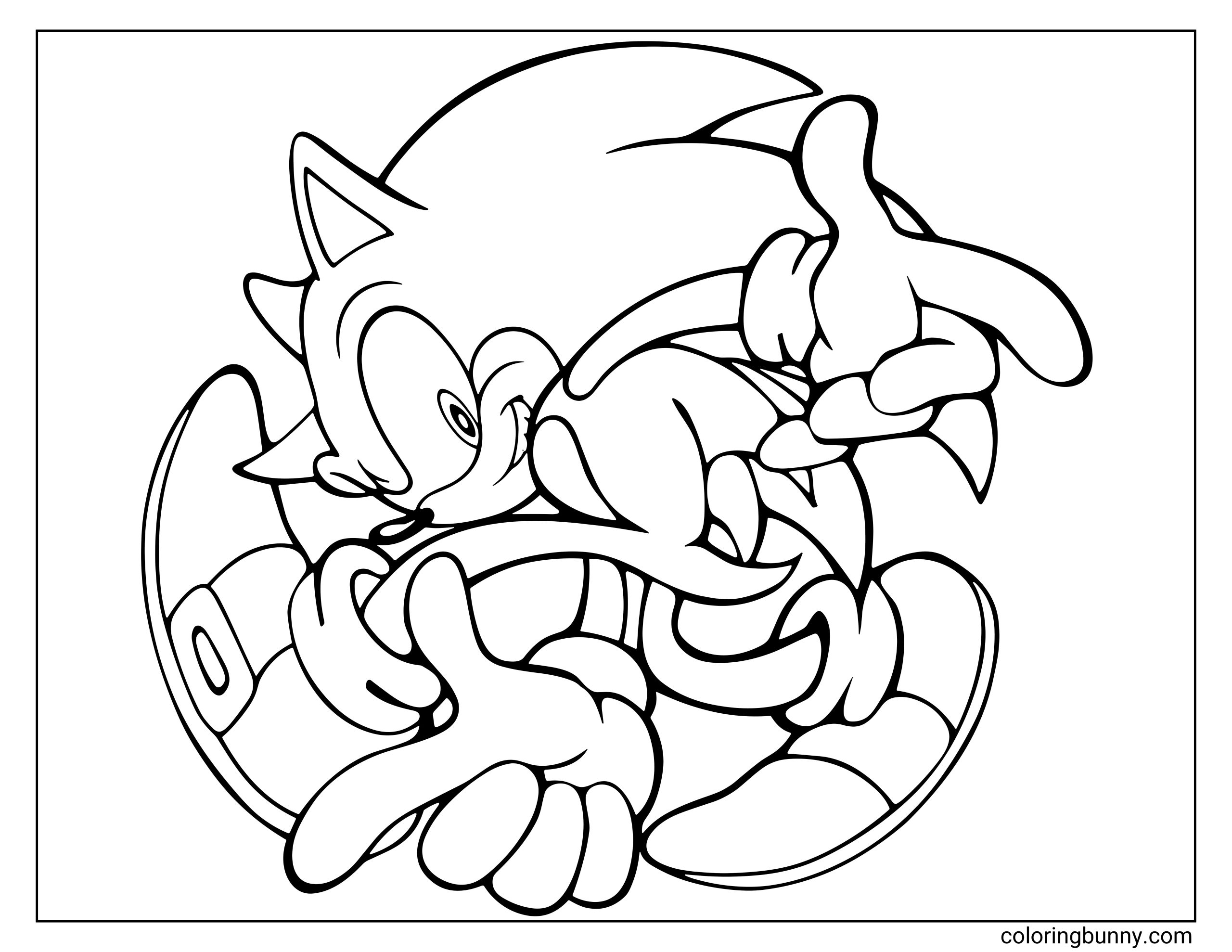 Sonic the Hedgehog coloring page featuring Sonic in a dynamic, mid-spin pose from the Sonic Adventure era. He’s crouched with one foot forward, hands outstretched, and a confident grin as he readies for action.