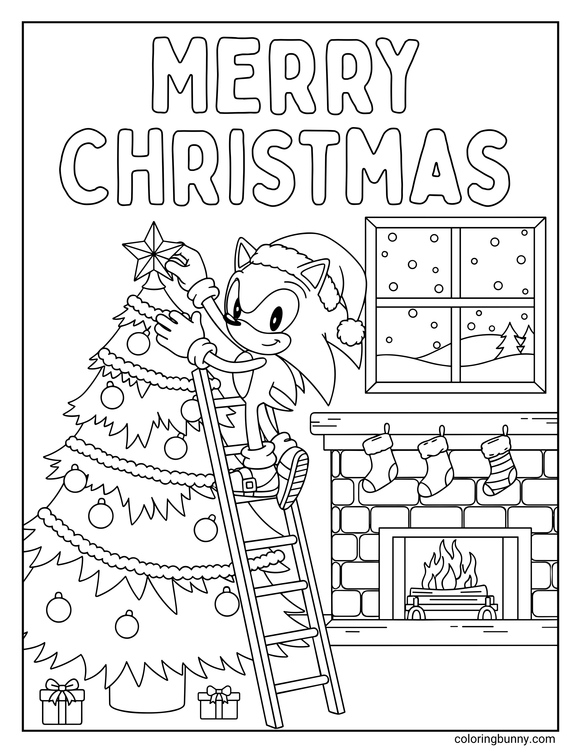 A coloring page of Sonic the Hedgehog decorating a Christmas tree with a star on top while wearing a Santa hat, with stockings by a cozy fireplace and snow falling outside the window. The text 'Merry Christmas' appears above.