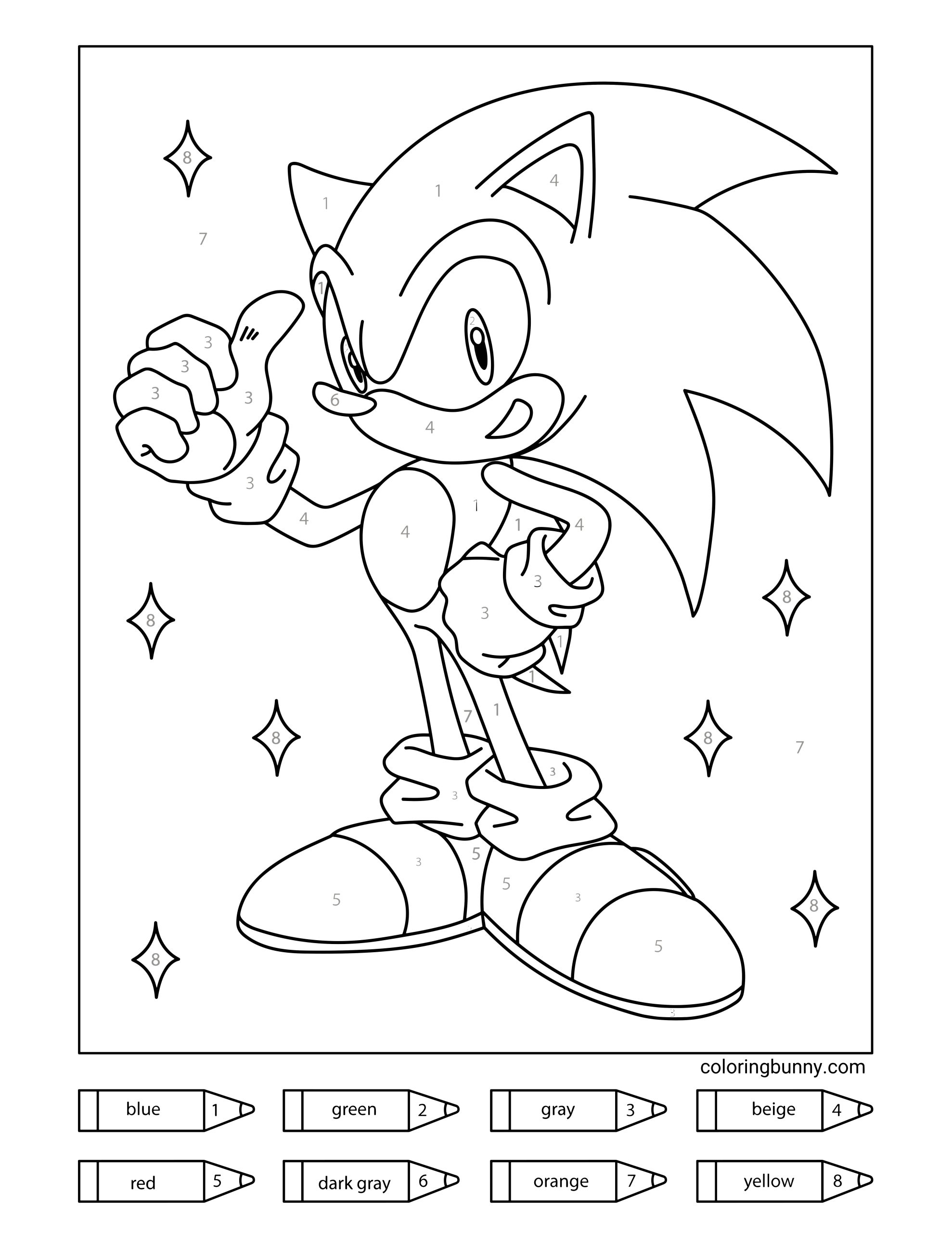 A Sonic the Hedgehog color-by-number coloring page featuring Sonic giving a thumbs-up pose. The design includes numbered sections throughout Sonic’s body, shoes, and background stars, matching a color key at the bottom with blue, green, gray, beige, red, dark gray, orange, and yellow.