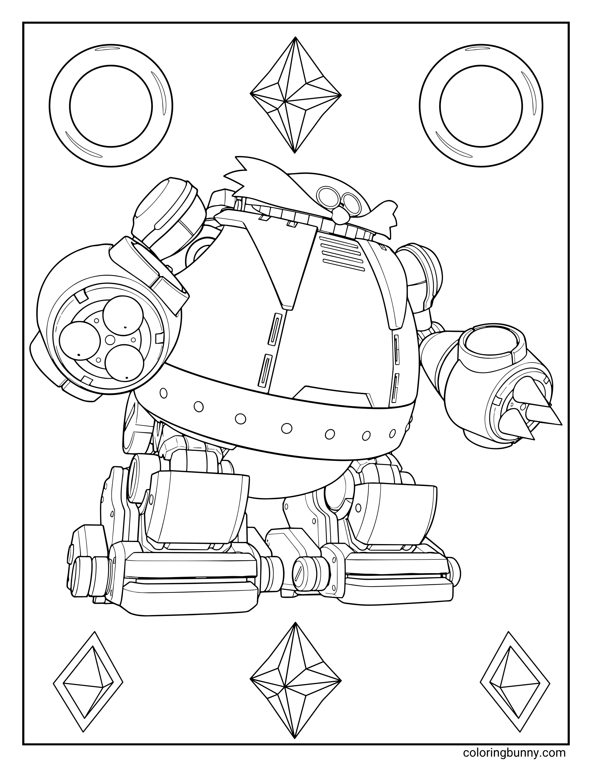 Death Egg Robot coloring page featuring Dr. Eggman piloting his massive battle mech from Sonic the Hedgehog. The towering robot has heavy armor, mechanical limbs, and a drill arm. The background includes floating rings and Chaos Emeralds.