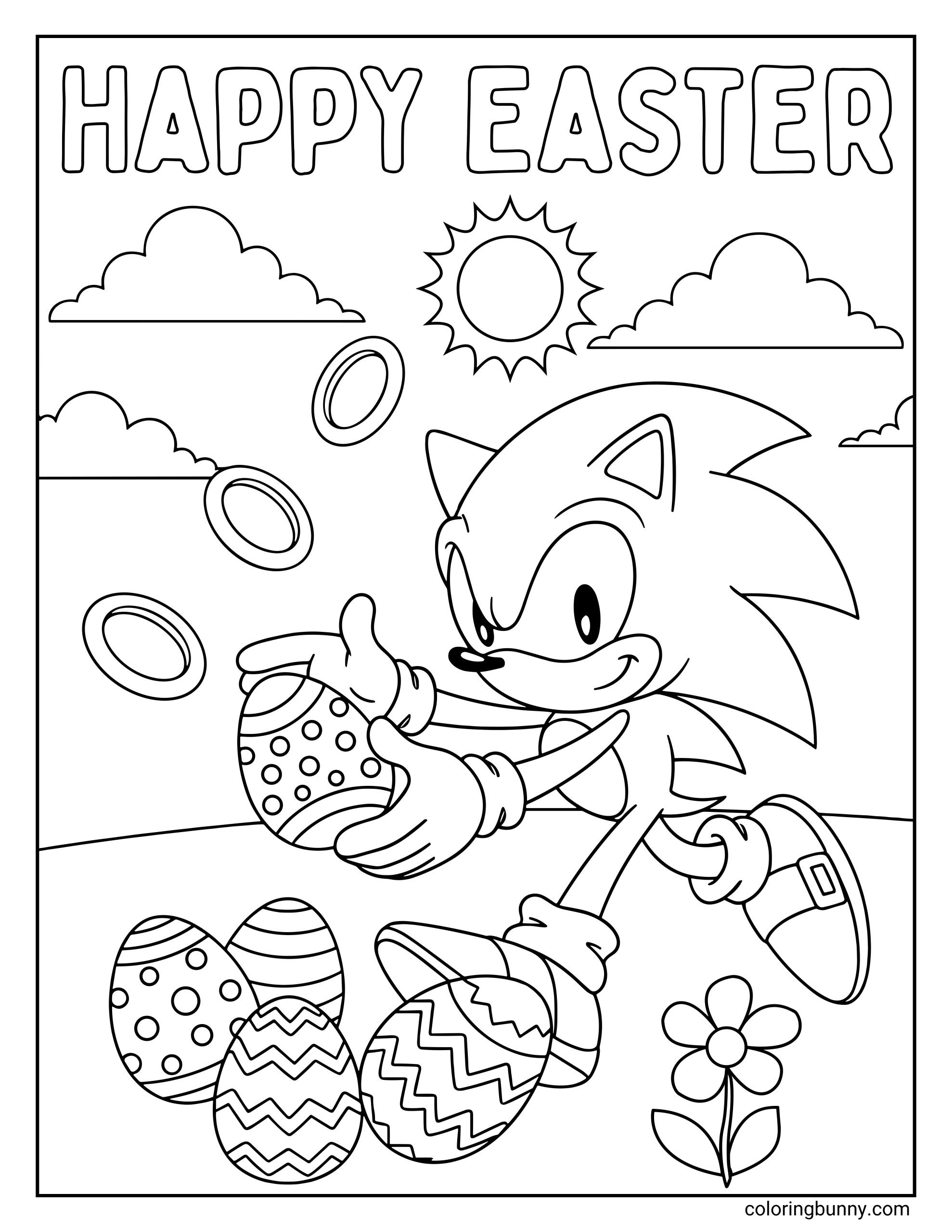 A coloring page of Sonic the Hedgehog celebrating Easter, holding a decorated Easter egg with colorful rings, flowers, and patterned eggs around him under a sunny sky.