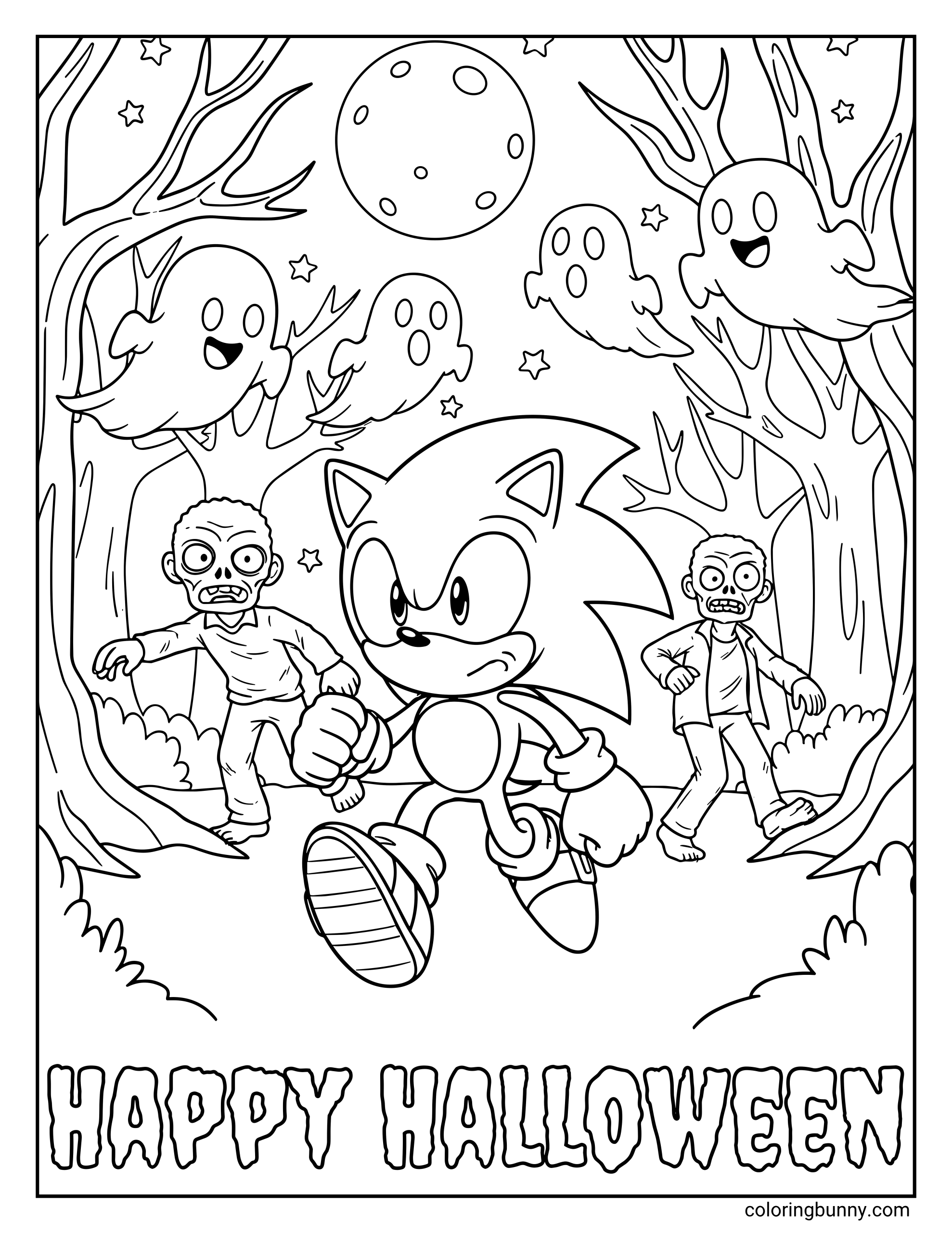 A coloring page of Sonic the Hedgehog running through a spooky forest at night with zombies and friendly ghosts floating around under a full moon that glows above.