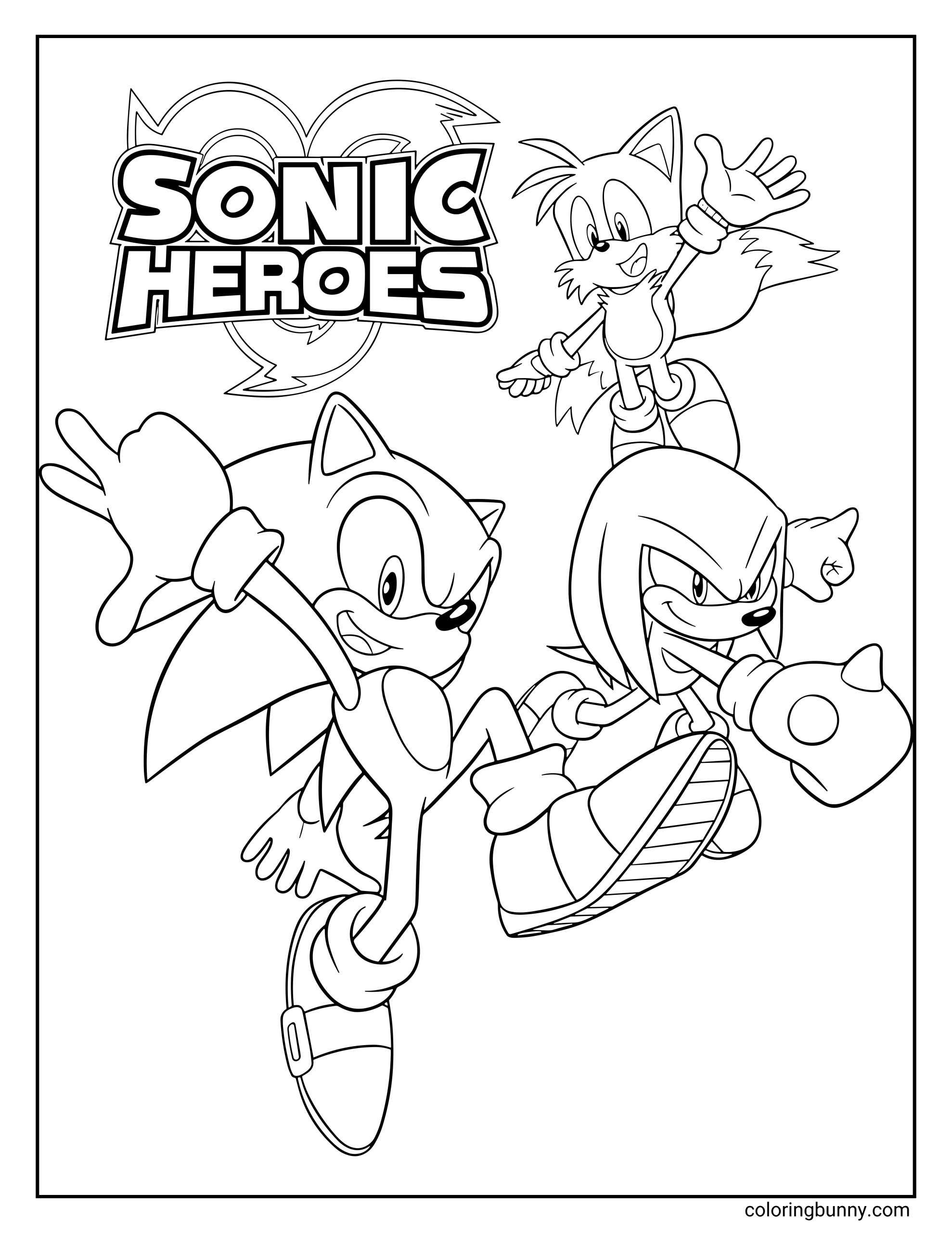 A coloring page of Sonic, Tails, and Knuckles from Sonic Heroes, posing dynamically under the game’s logo, ready for action and teamwork.