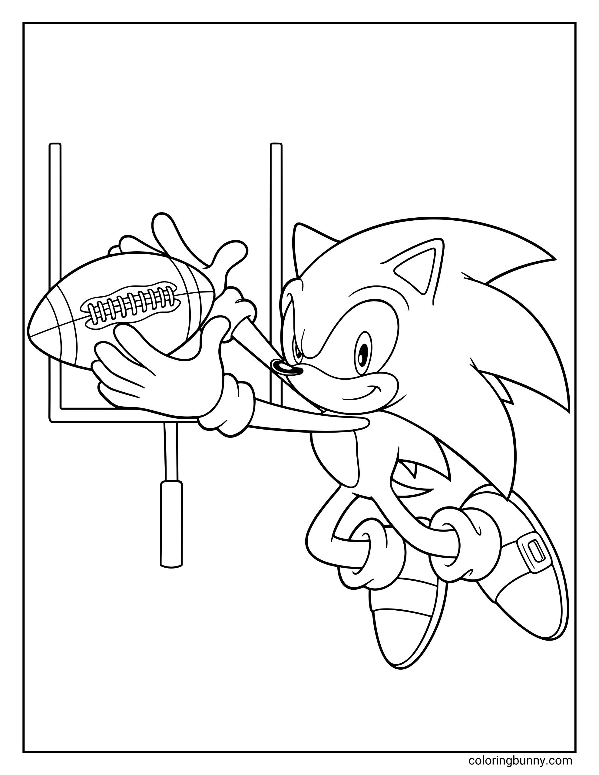 A simple coloring page of Sonic the Hedgehog leaping through the air to catch a football in front of a goalpost.