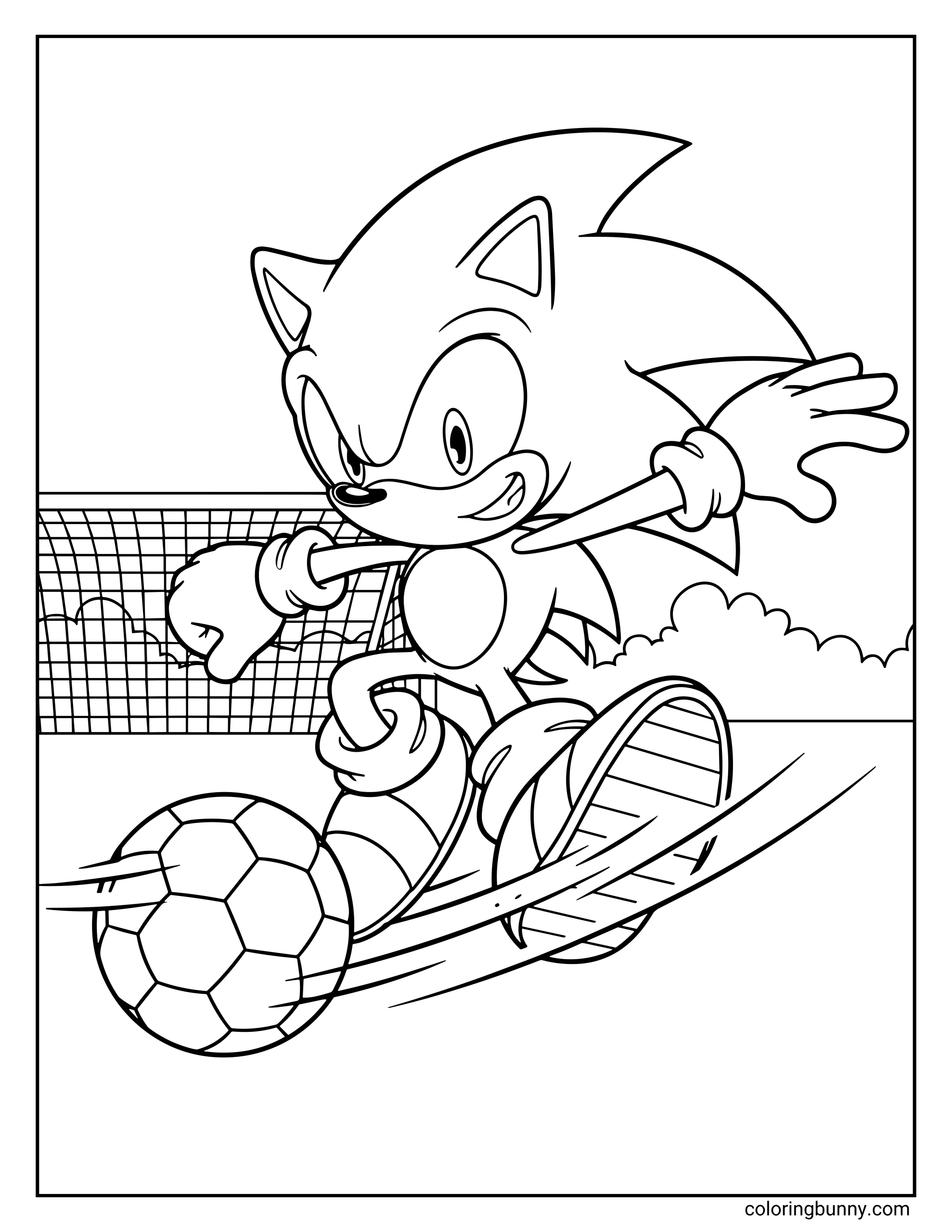 A coloring page of Sonic the Hedgehog kicking a soccer ball with speed and determination. A goal with bushes fills the background.