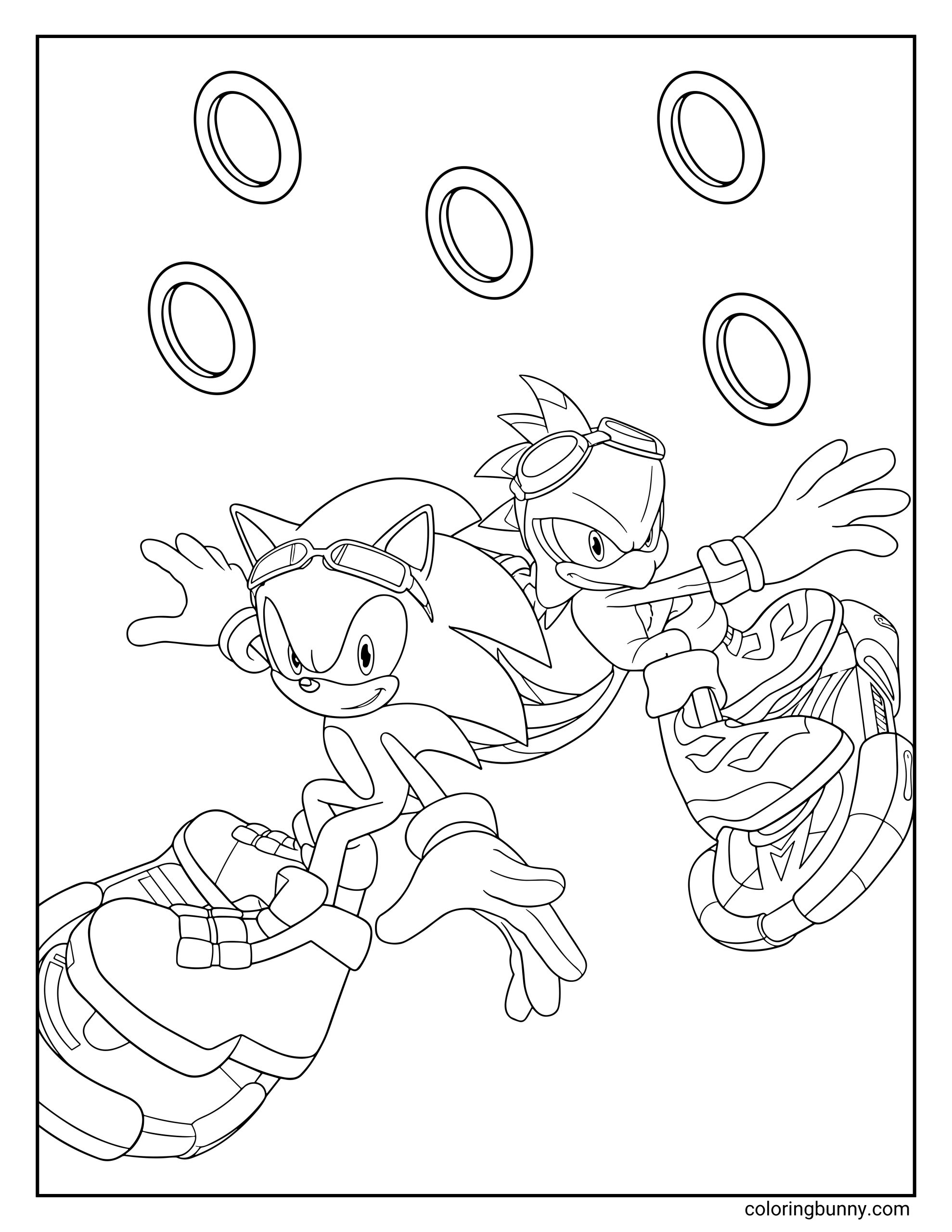 A coloring page of Sonic the Hedgehog and Jet the Hawk from Sonic Riders, racing through the air on their hoverboards with golden rings floating around them.