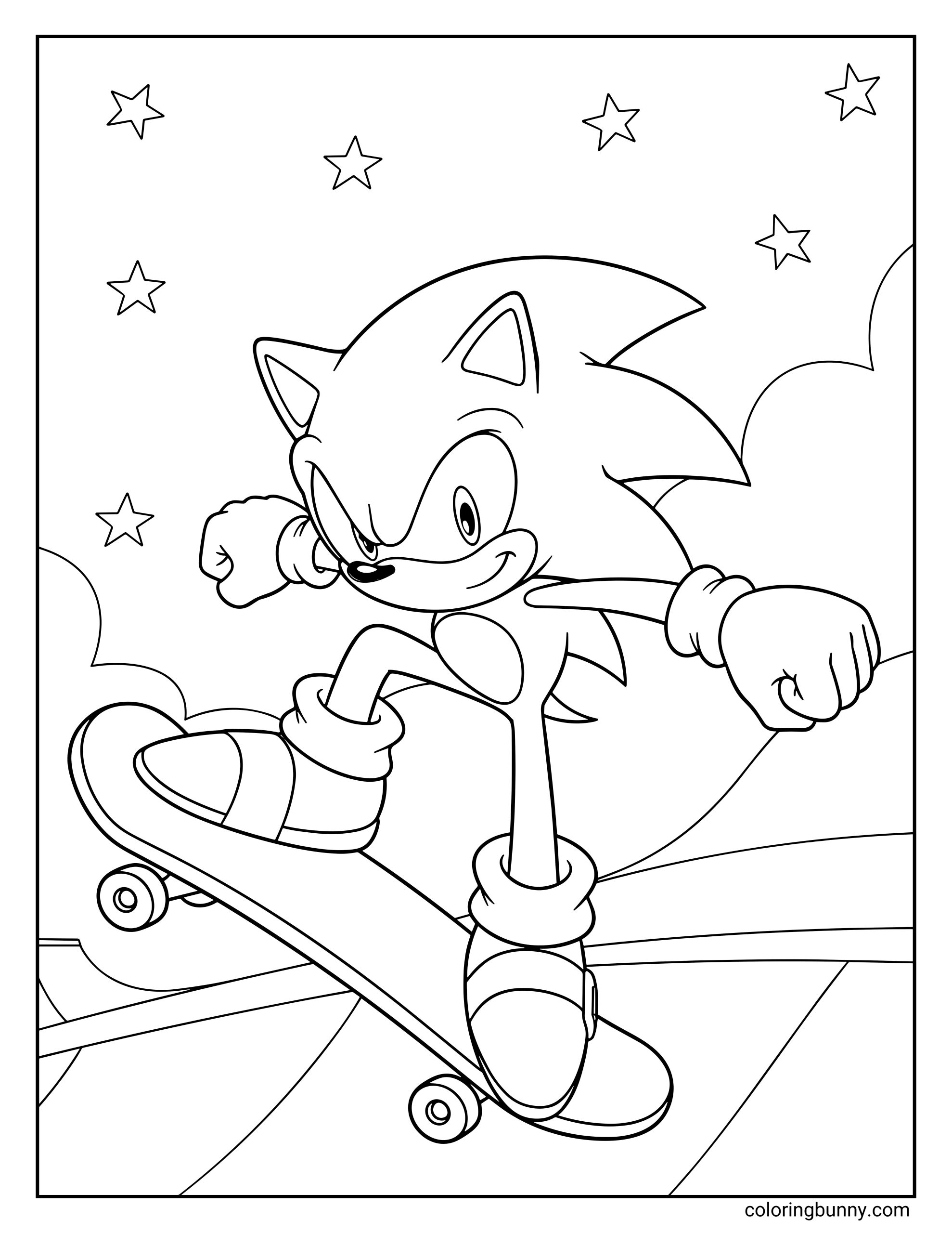 A coloring page of Sonic the Hedgehog skateboarding down a ramp with stars in the sky and a confident, action-packed pose.