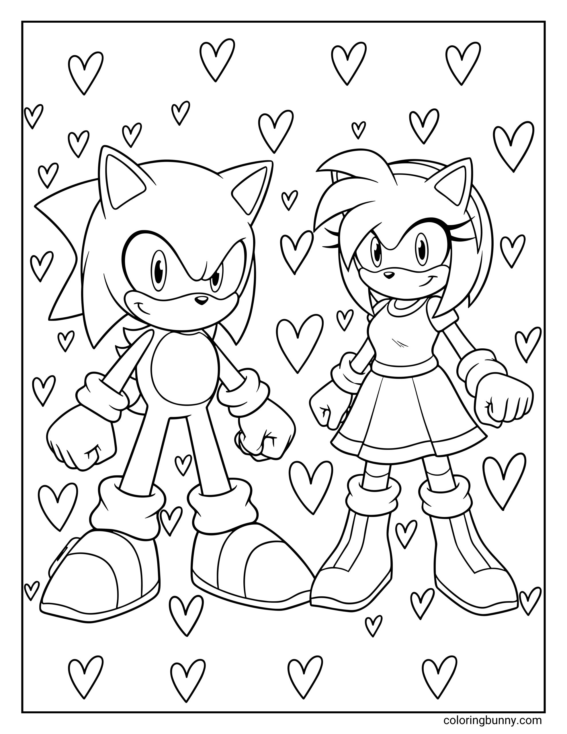 A coloring page of Sonic the Hedgehog and Amy Rose standing side by side with confident smiles, surrounded by floating hearts of different sizes.