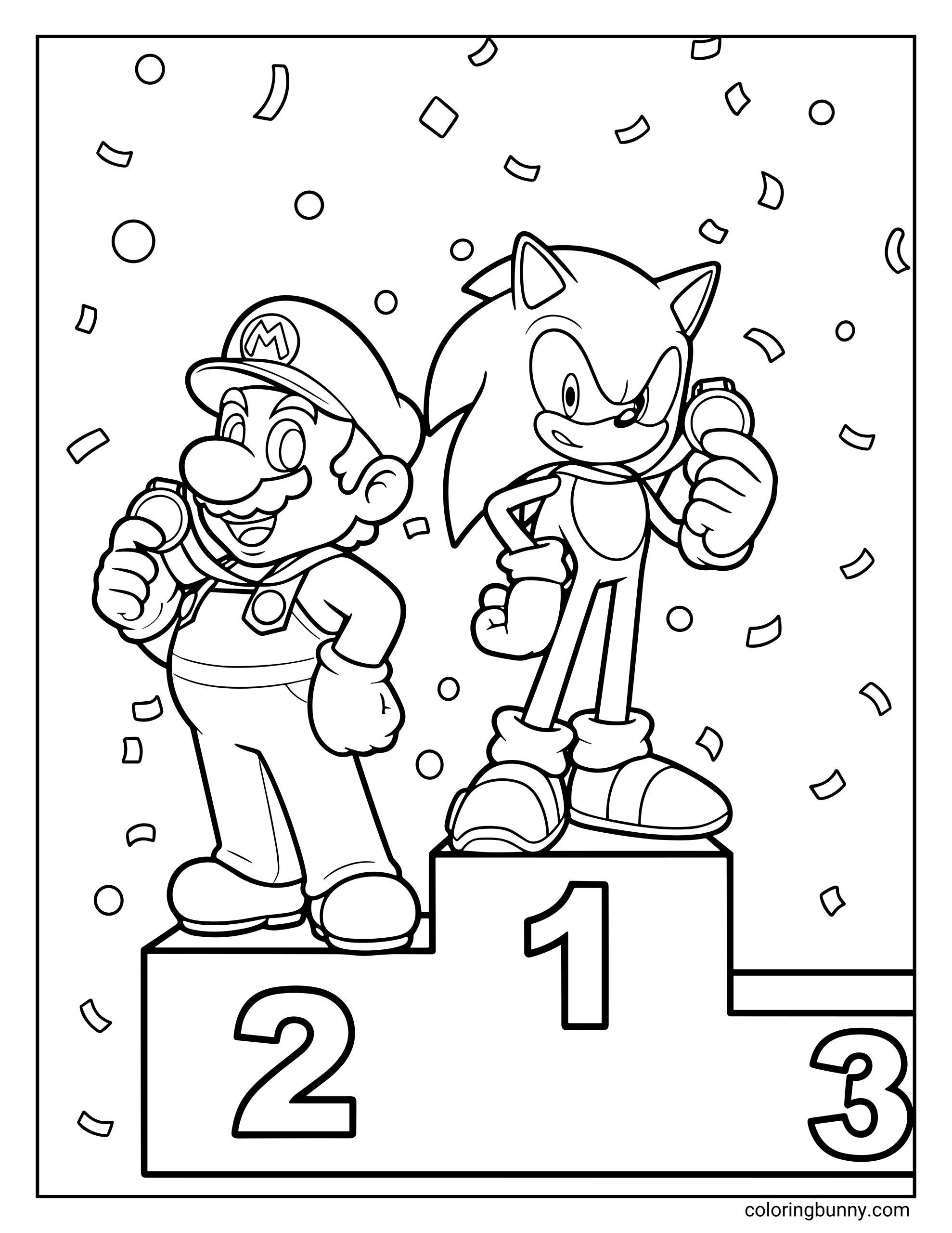A coloring page of Sonic and Mario standing proudly on a winner’s podium, holding medals with confetti falling around them. Sonic stands in first place, and Mario in second.