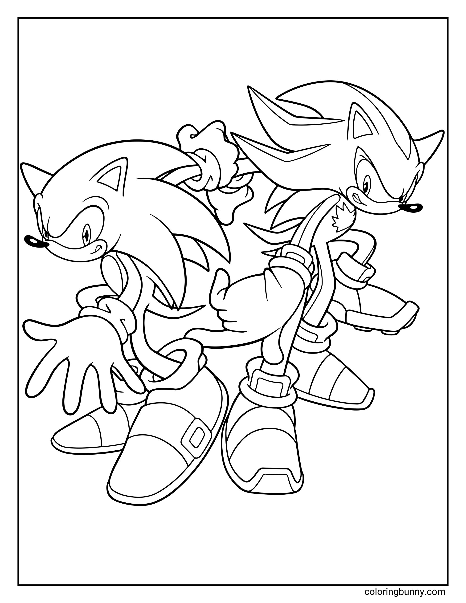 A coloring page of Sonic and Shadow from Sonic Adventure 2, standing back to back in their iconic rival poses, ready for action and speed.